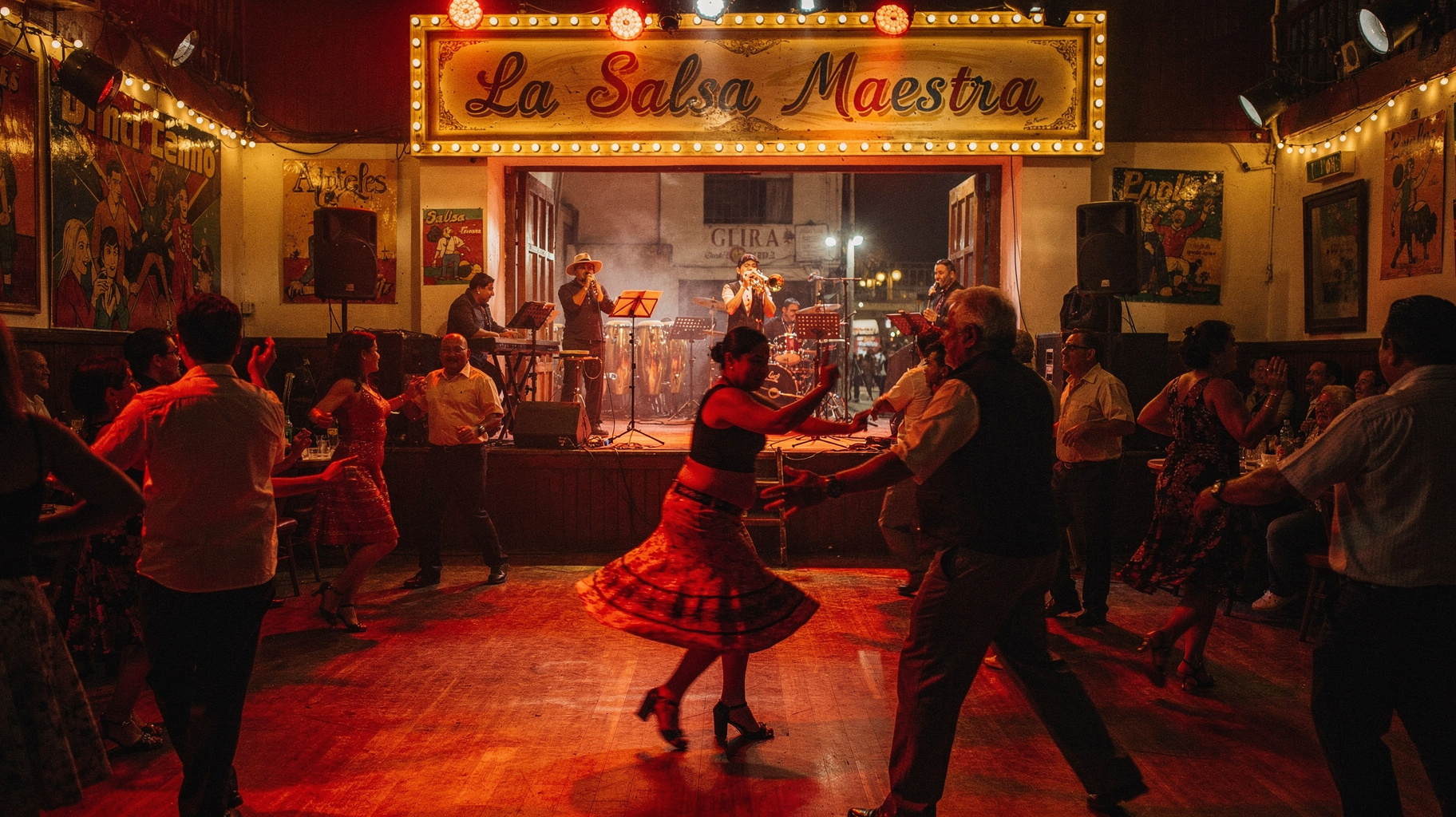 A lively salsa dance floor in Lima at night with a marquee sign reading La Salsa Maestra, inspired by La Salsa Maestra