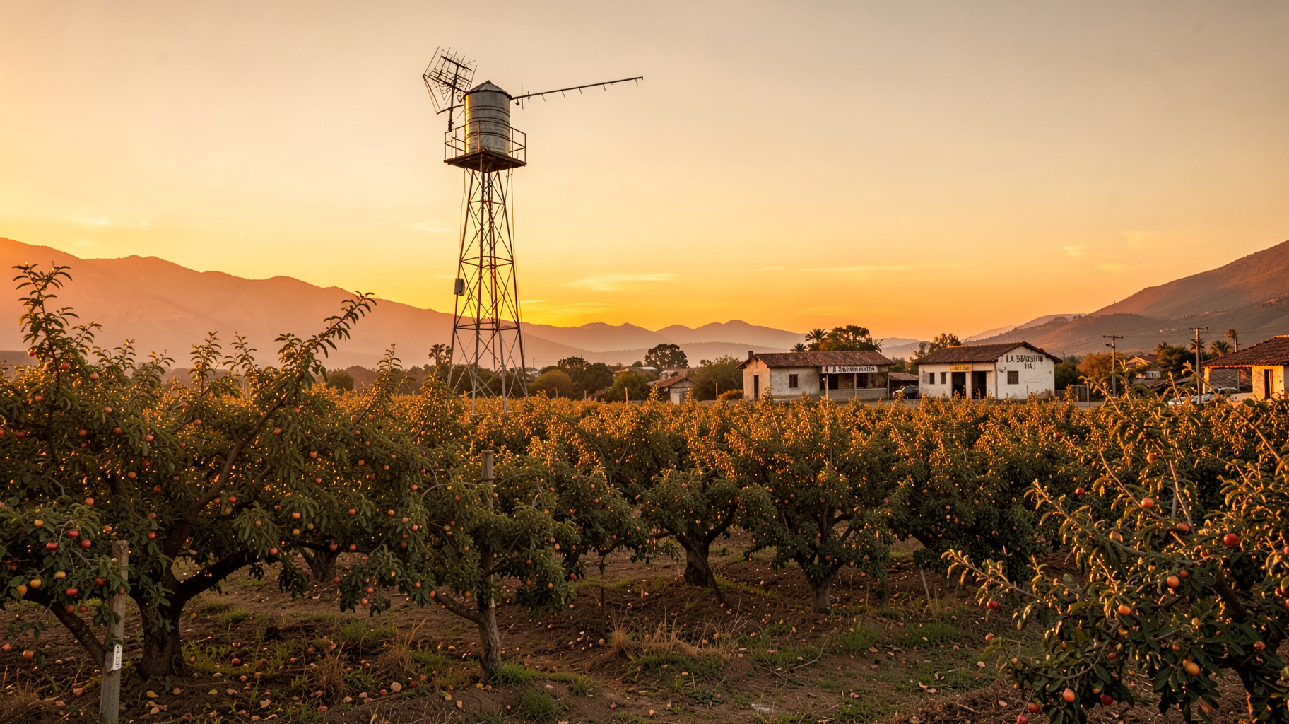 Mennonite apple orchard at sunset in Chihuahua with a La Sabrosita radio tower