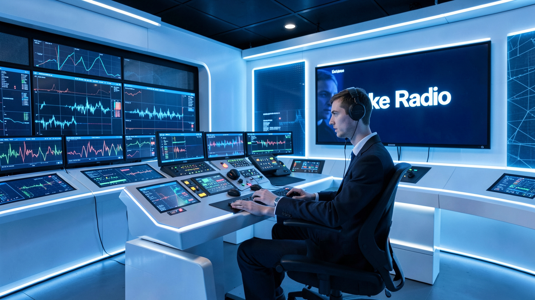 A futuristic radio control room with waveform displays and a screen reading Like Radio