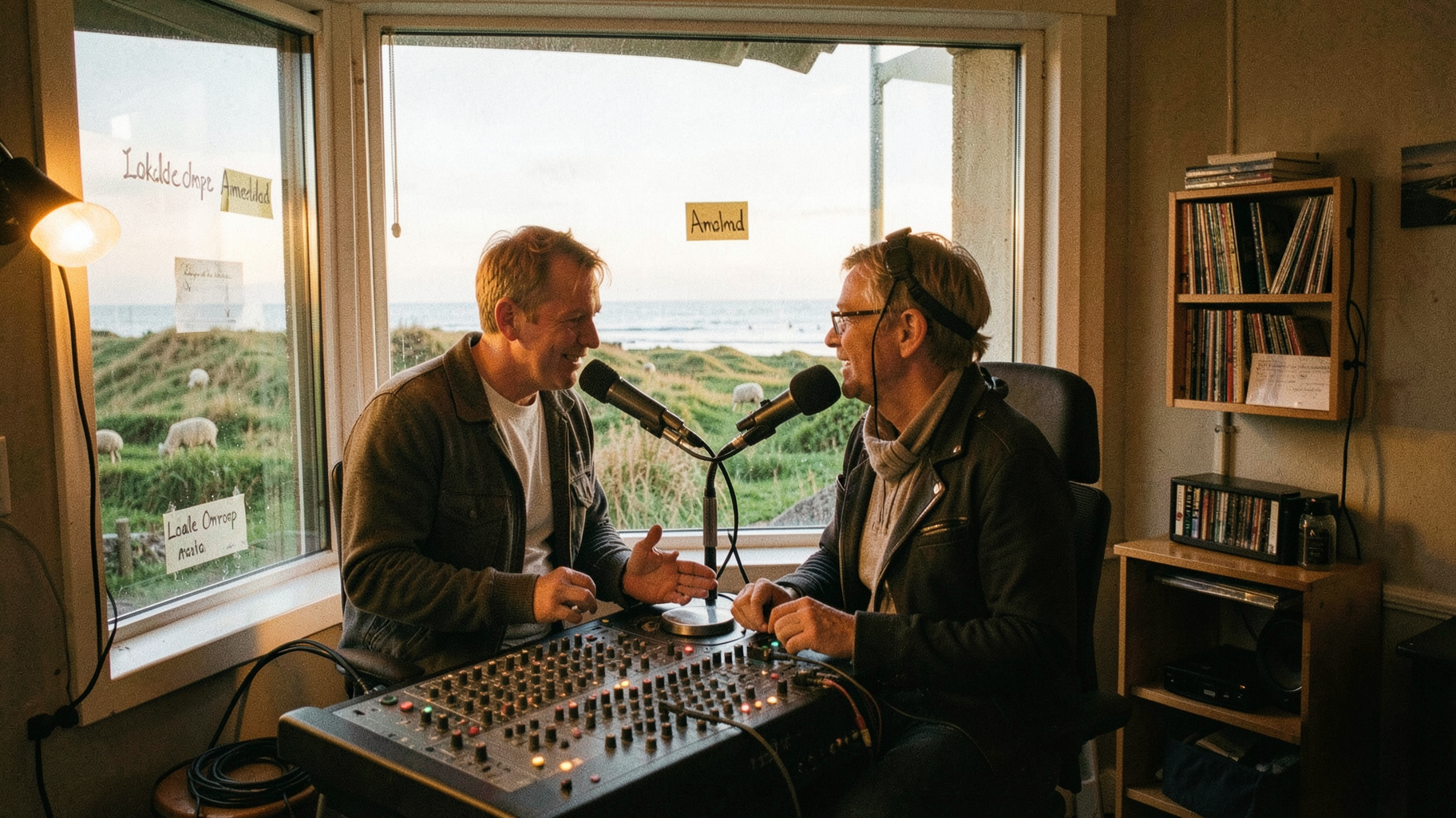 A small cozy local radio studio on a Dutch Wadden Sea island with dunes visible through the window and a sign reading Lokale Omroep Ameland