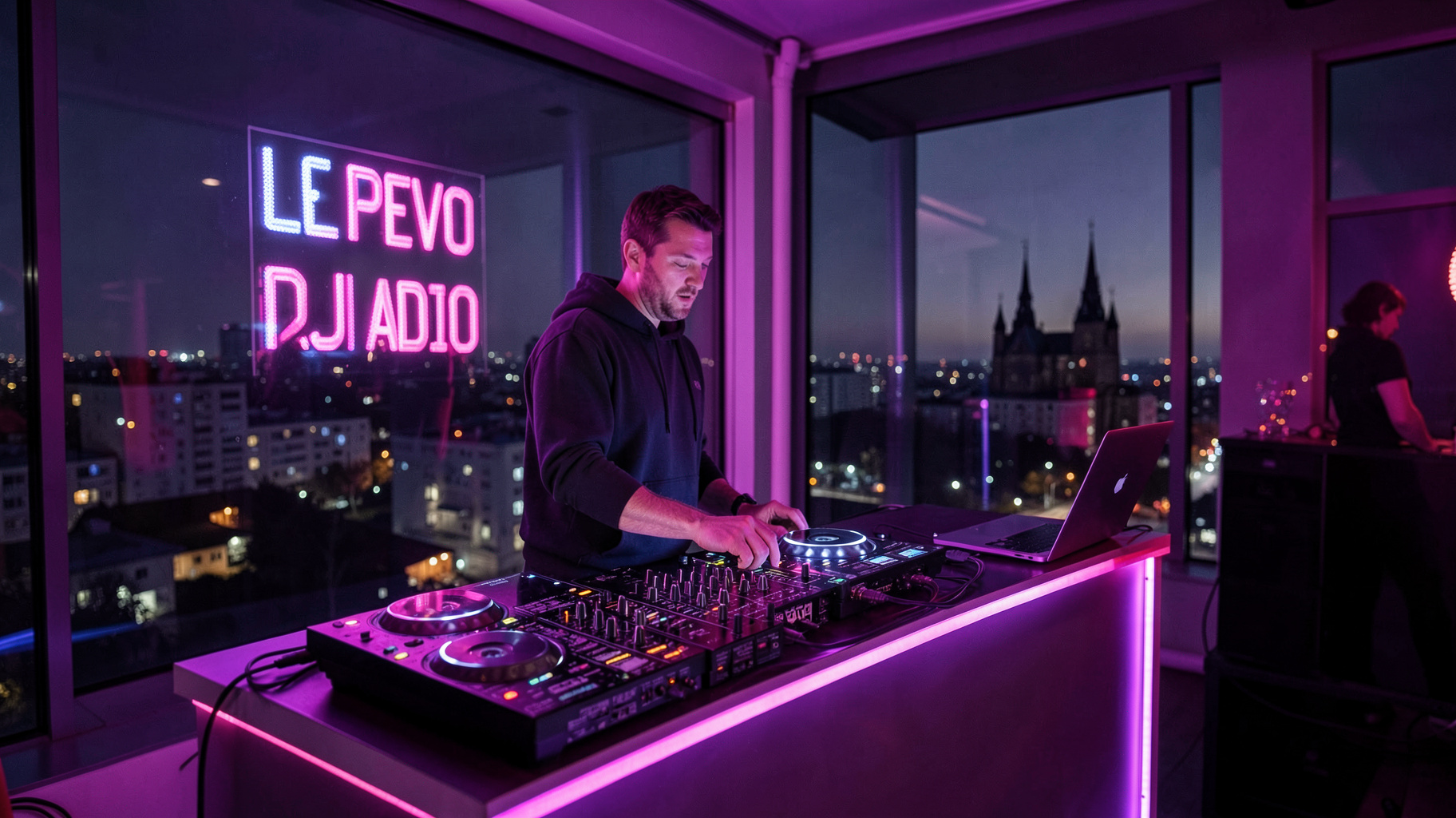 A modern DJ booth at night in Chisinau, Moldova with a glowing sign reading Love Pro DJ Radio