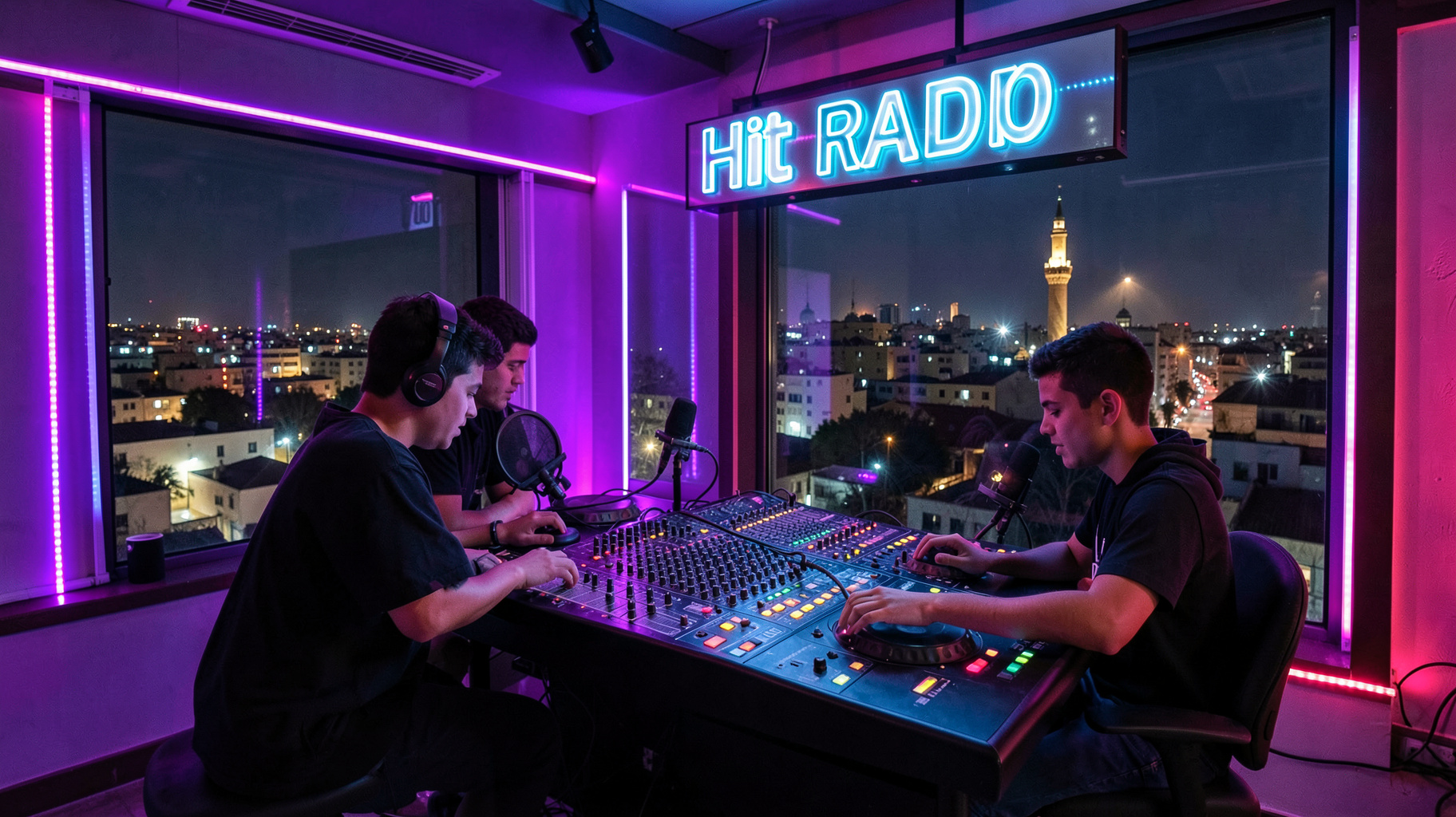 A vibrant youth radio studio in Rabat, Morocco at night with a glowing Hit Radio sign above the booth
