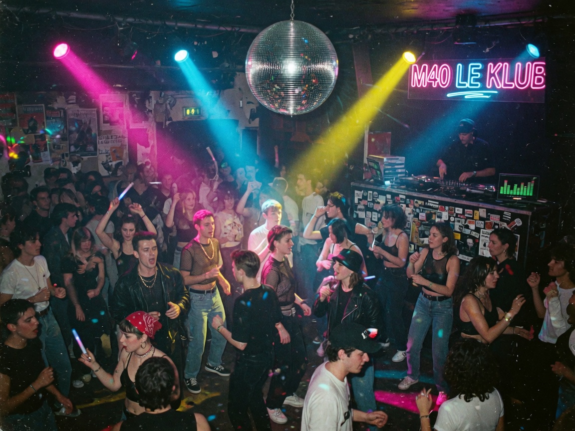 A packed early-1990s Parisian nightclub dance floor, representing M40 le klub'