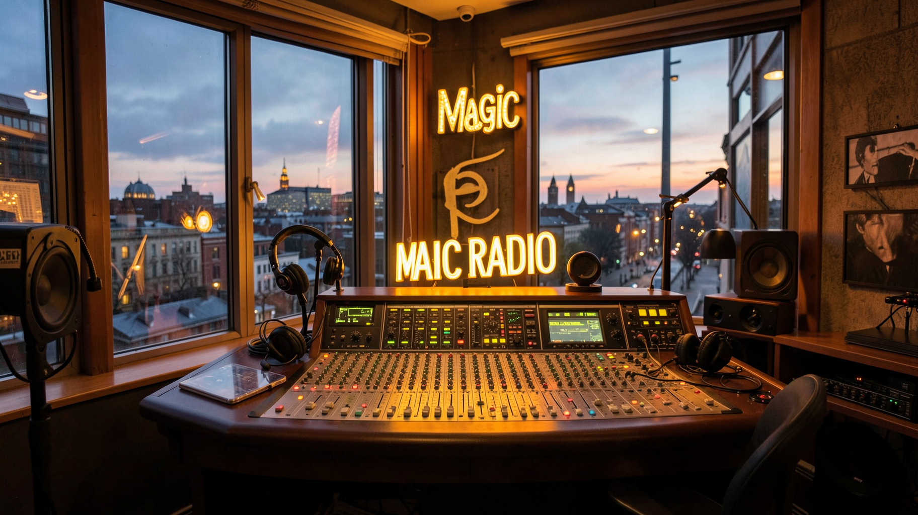 A cozy London radio studio at dusk with a glowing on-air sign reading Magic Radio