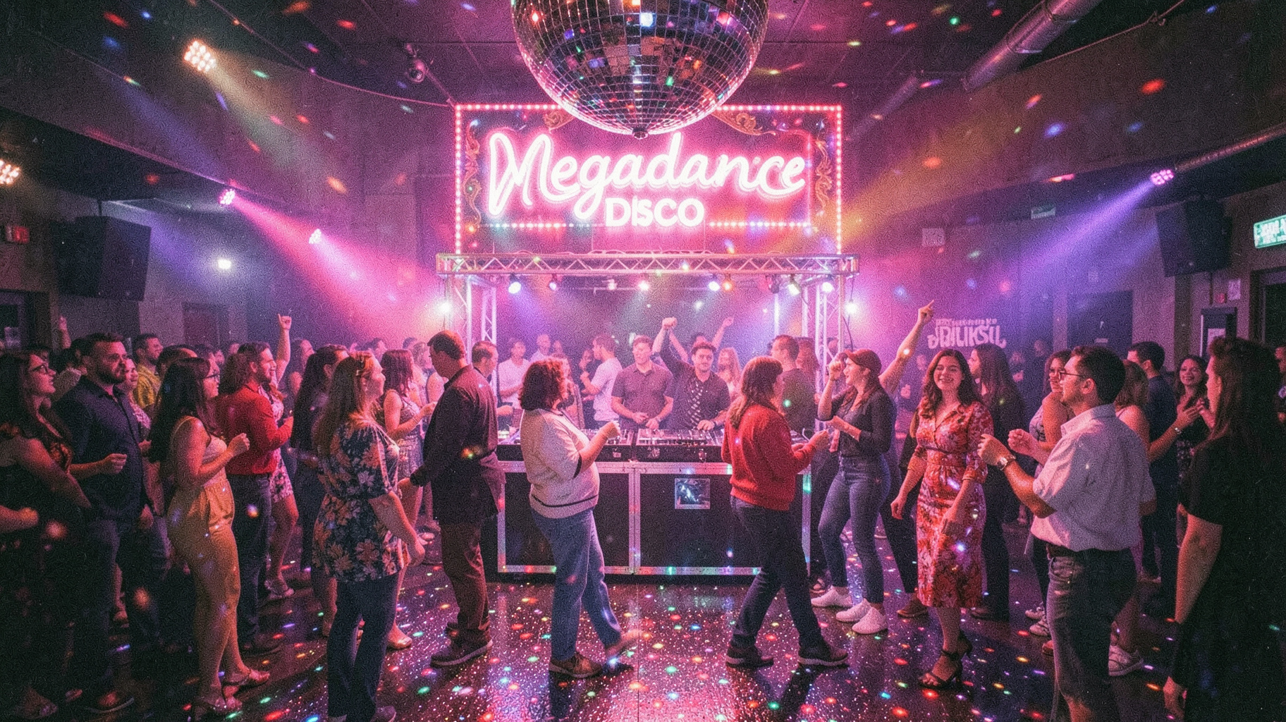 A glittering Buenos Aires disco dance floor in the 1980s with colorful mirror ball light reflections