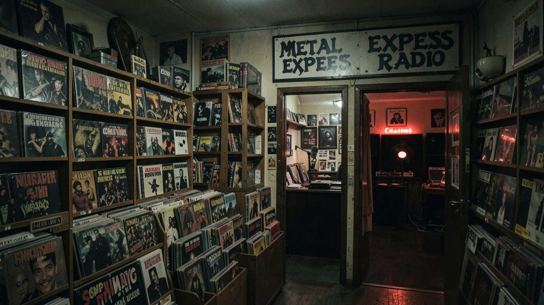 A dimly lit vintage Oslo record shop with heavy metal vinyl and a glowing on-air microphone in a back room studio, sign reading Metal Express Radio