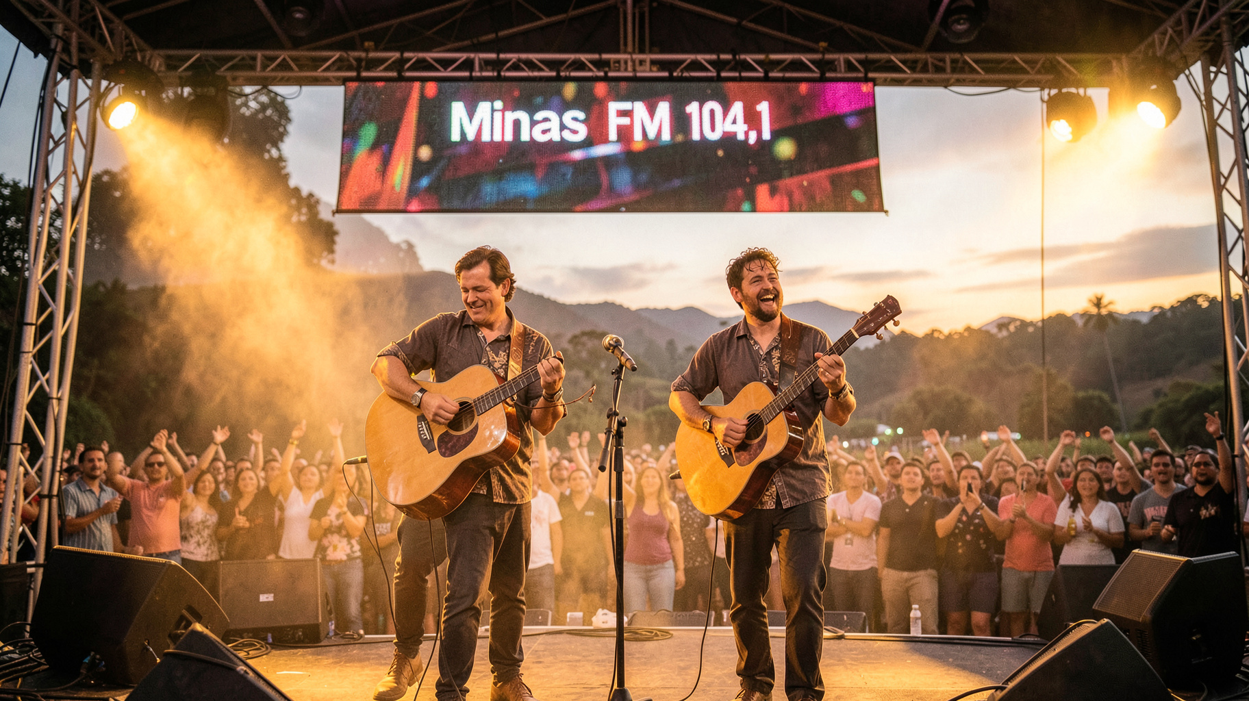A sertanejo duo on an open-air stage at dusk with a banner reading Minas FM 104,1