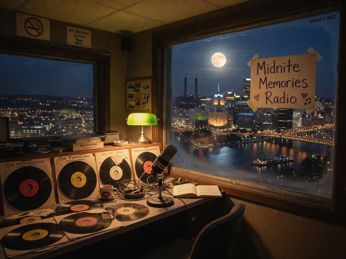 A late-night radio booth with doo-wop vinyl records and the Pittsburgh skyline outside the window