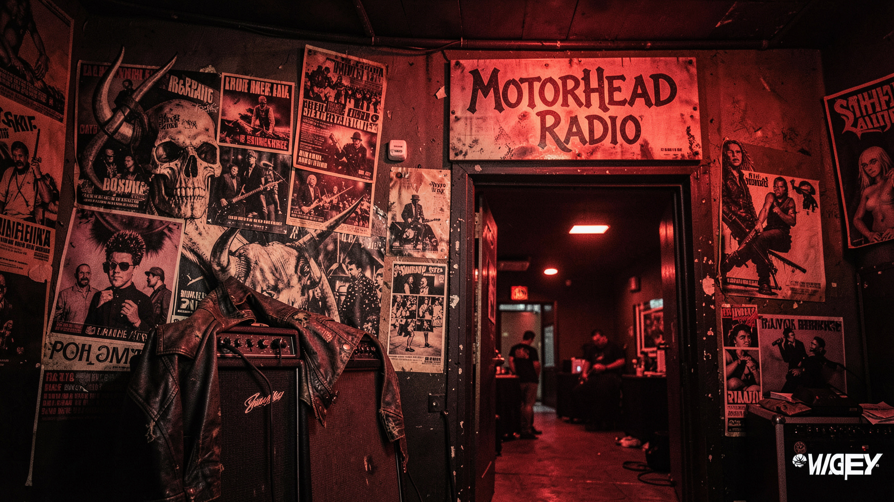 A gritty backstage rock venue with a mascot mural and a sign reading Motorhead Radio