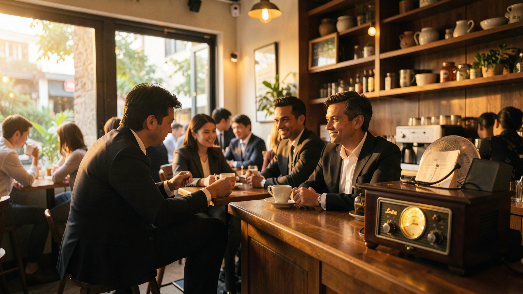 A cozy upscale Singapore cafe with a vintage radio on the counter reading Love 972