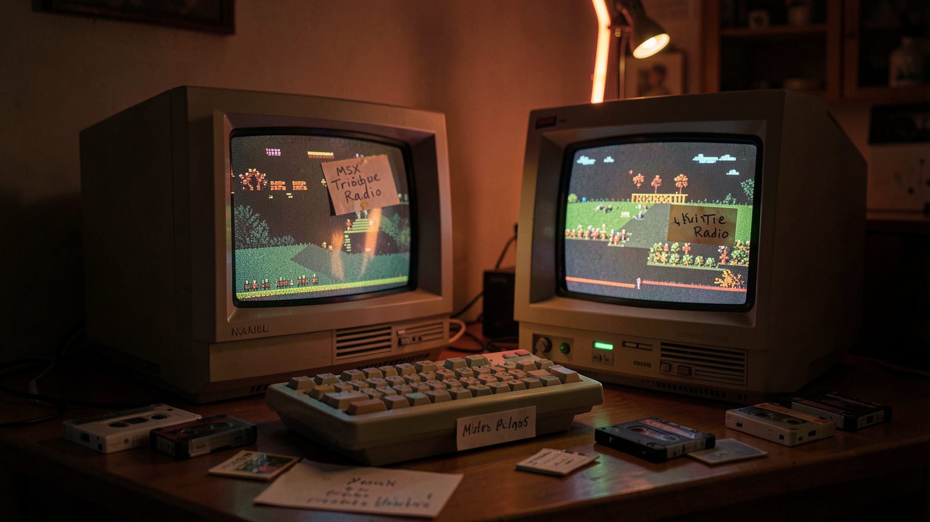 A nostalgic 1980s MSX home computer setup with a CRT monitor and a handwritten label reading MSX Tribute Radio