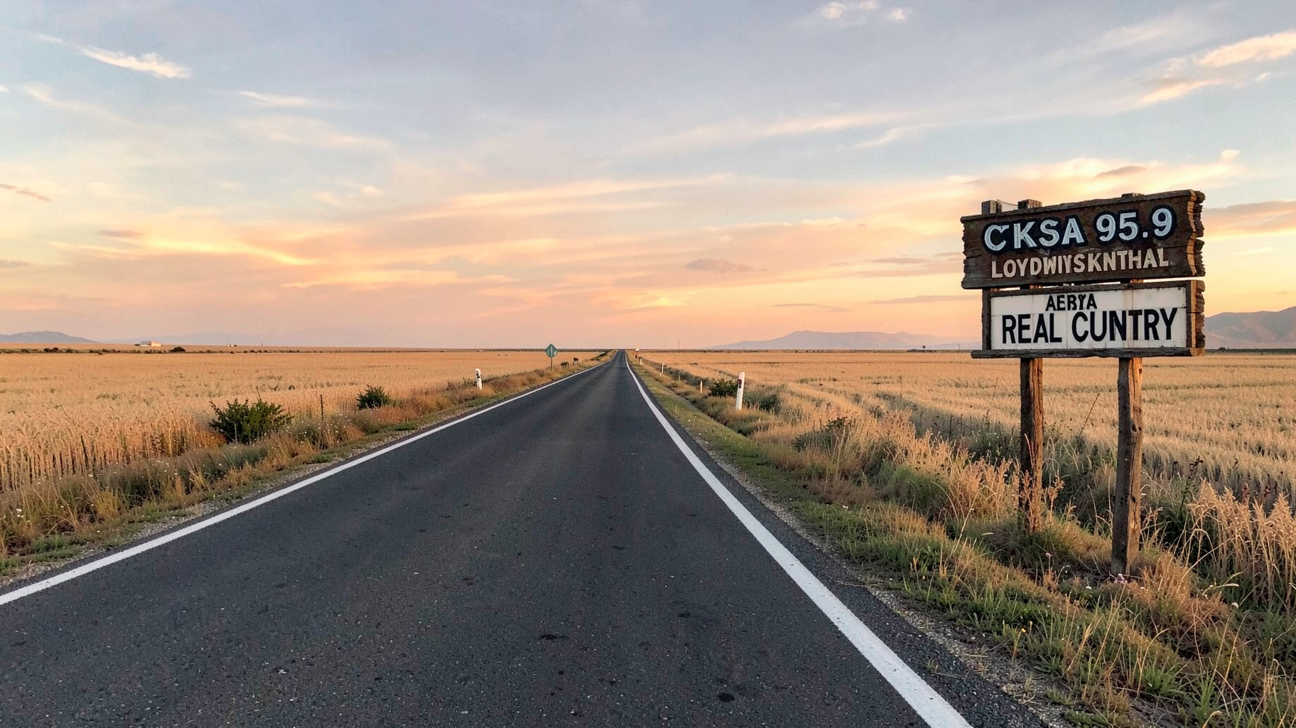 A country highway leading into Lloydminster with a radio station sign at sunset