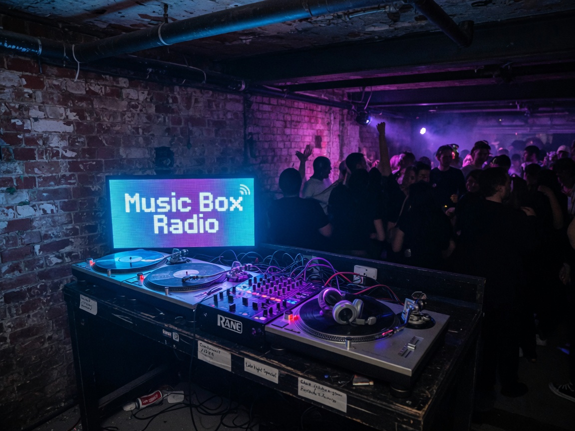A DJ booth in a Clerkenwell warehouse basement with an LED screen reading Music Box Radio, inspired by Music Box Radio