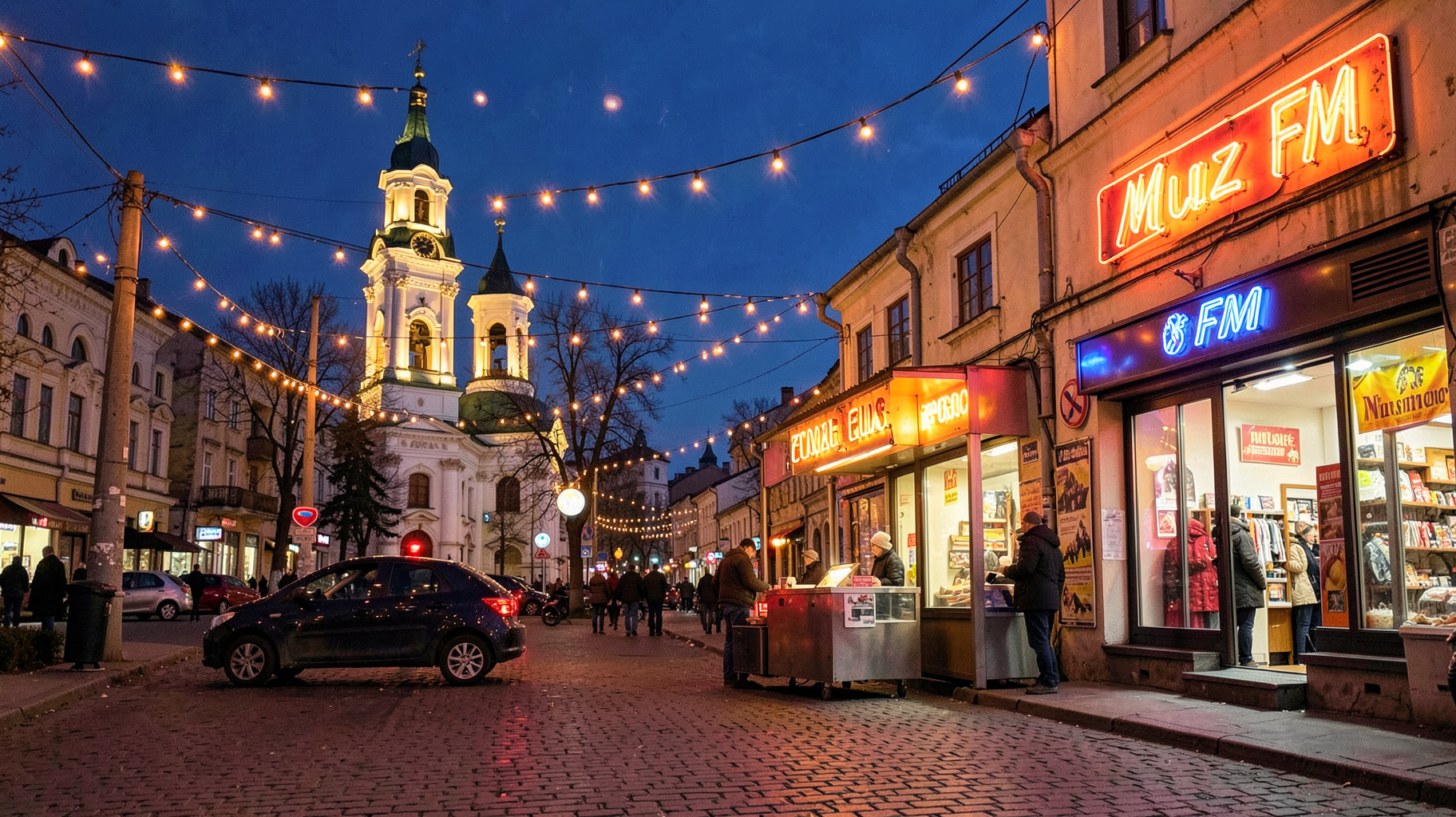 An evening street scene in Chisinau, Moldova with a neon sign glowing above a storefront reading Muz FM