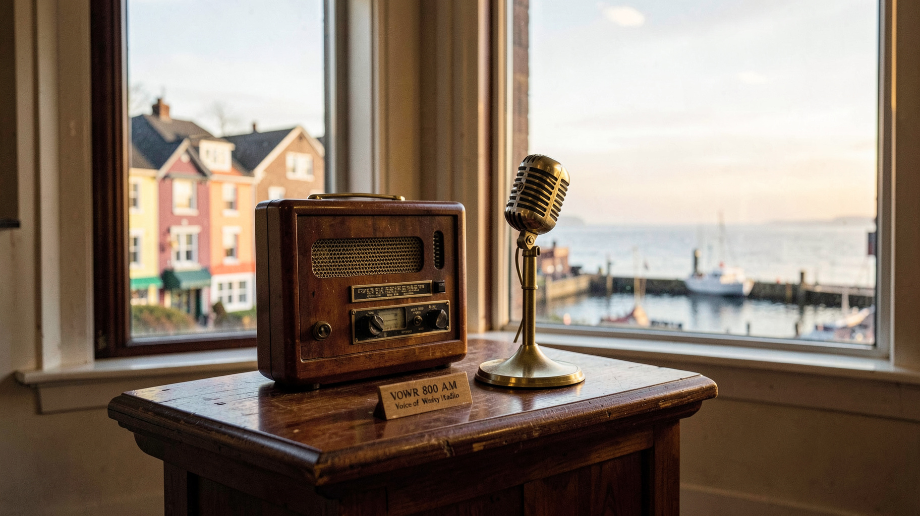 A vintage radio receiver and brass microphone on a church lectern with St. John