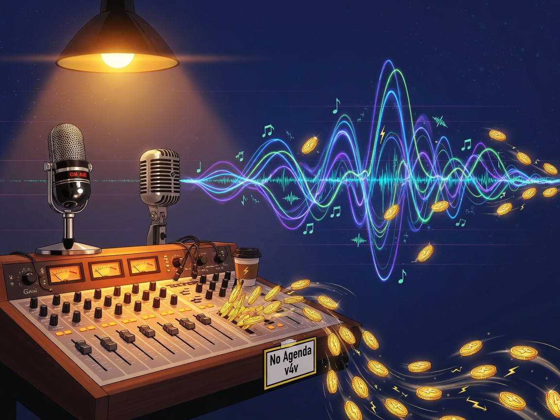 A vintage microphone and mixing desk with golden lightning bolt coins streaming into a soundwave