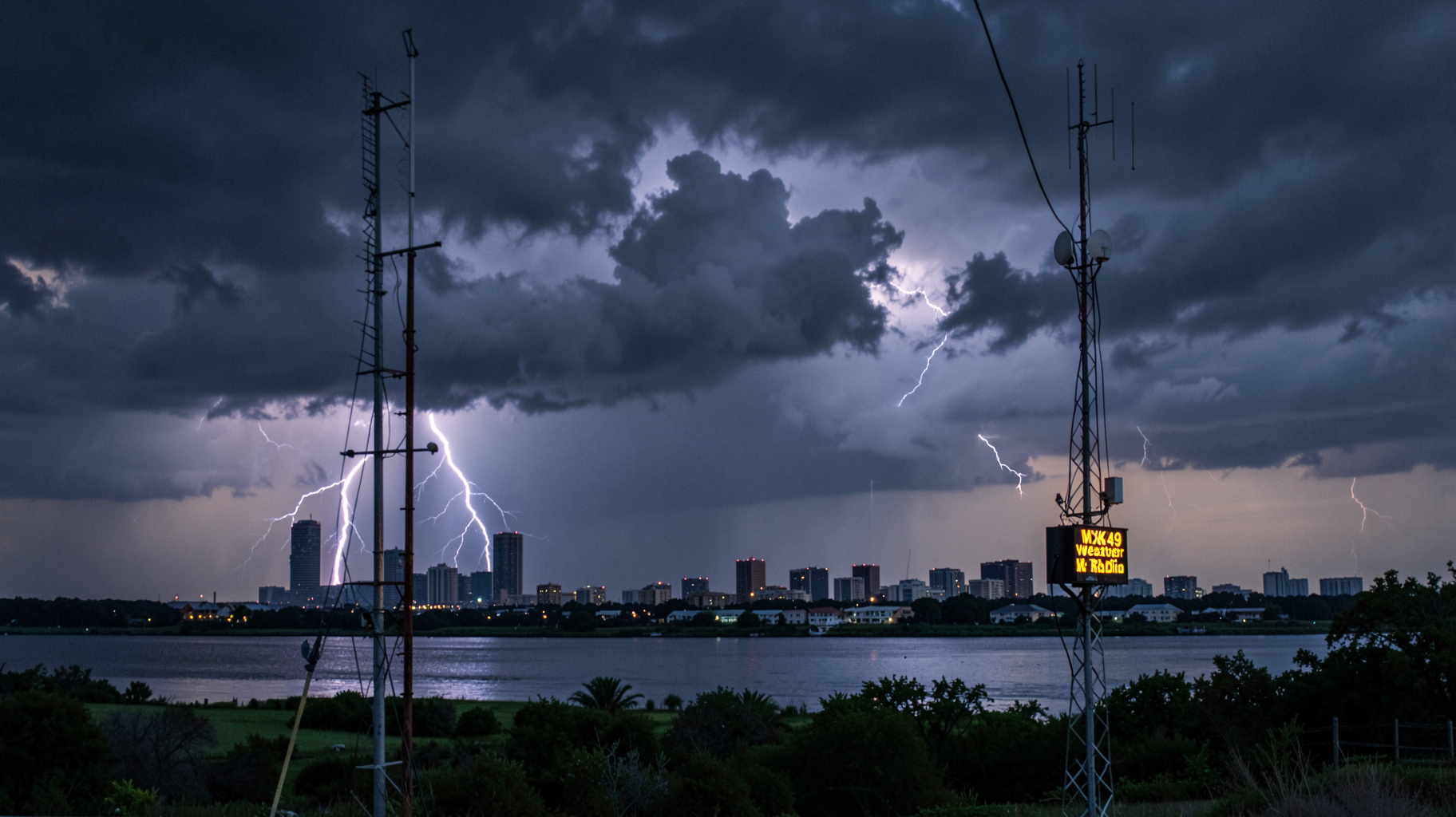 A supercell thunderstorm over the Memphis skyline and Mississippi River with a weather radio tower reading WXK49