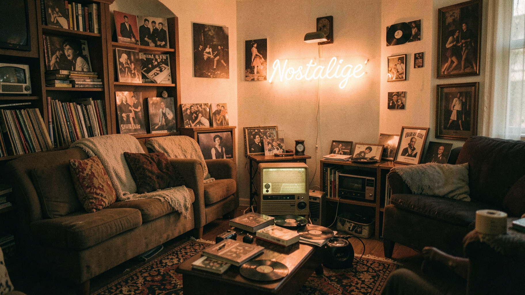 A cozy vintage living room with vinyl records and a glowing radio, a neon sign reading Nostalgie