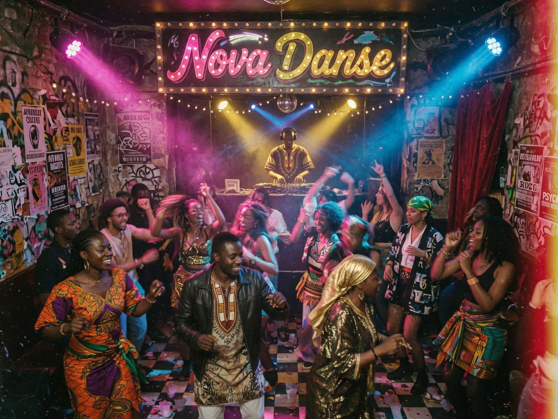 An eclectic underground Paris nightclub with colorful lights and a glowing Nova Danse sign
