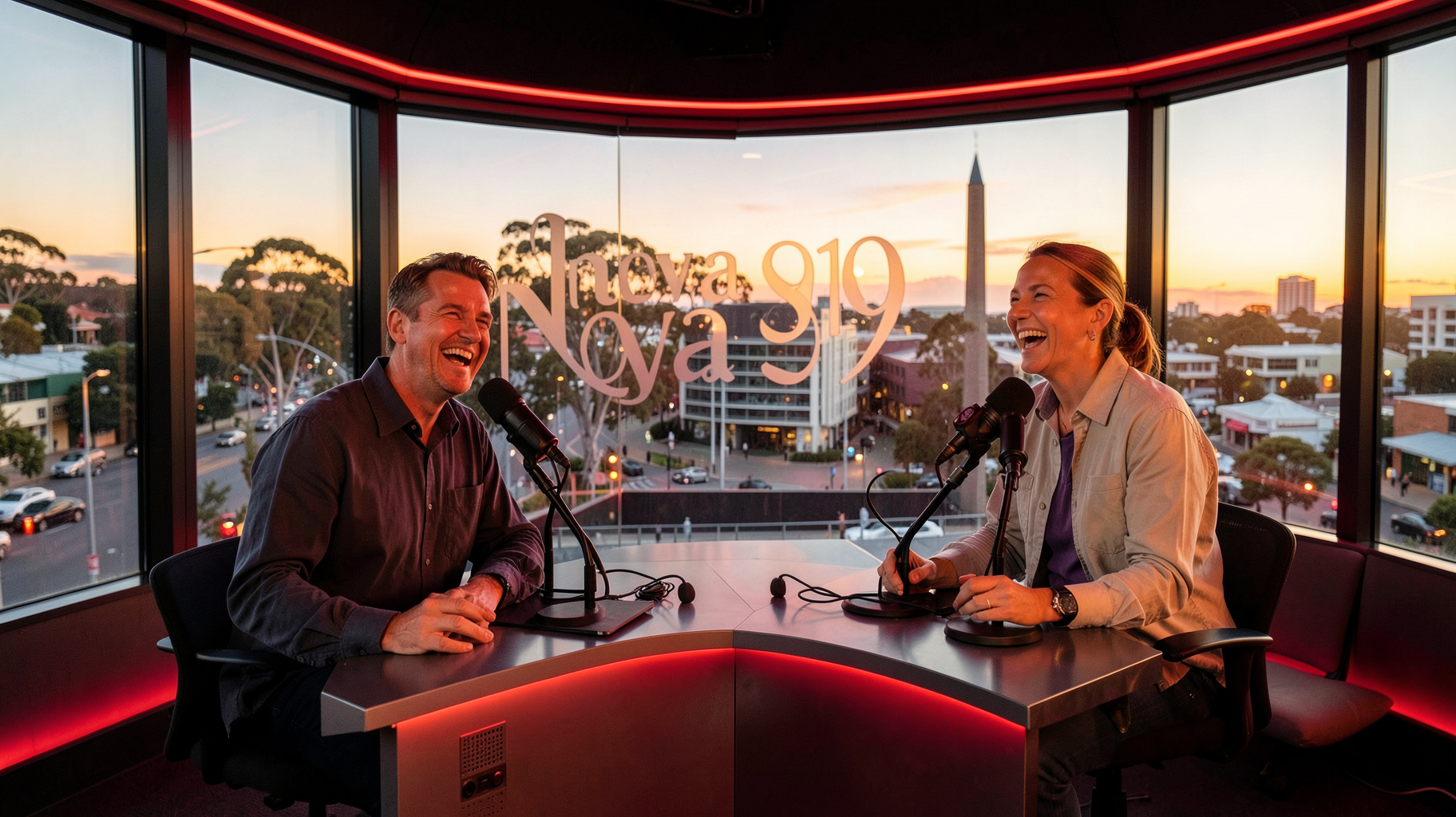 A modern radio studio overlooking Hindmarsh Square in Adelaide with a glass panel etched Nova 919