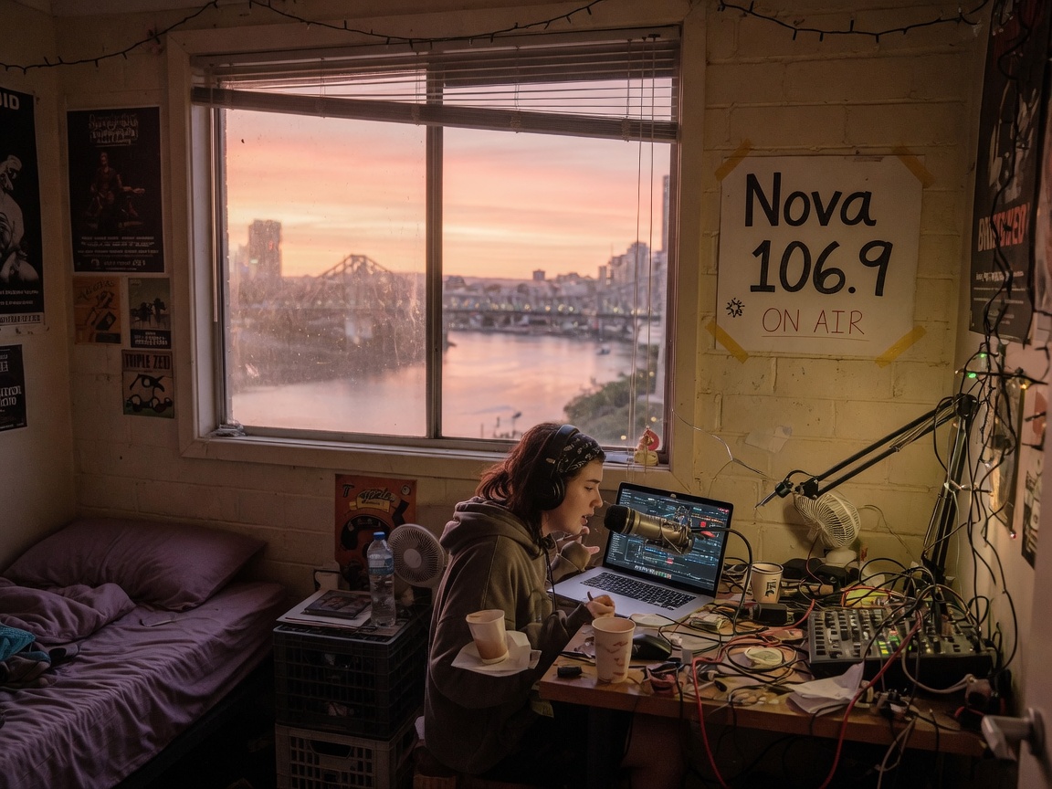 Makeshift radio studio in a Kangaroo Point apartment overlooking Brisbane at sunrise, inspired by Nova 106.9