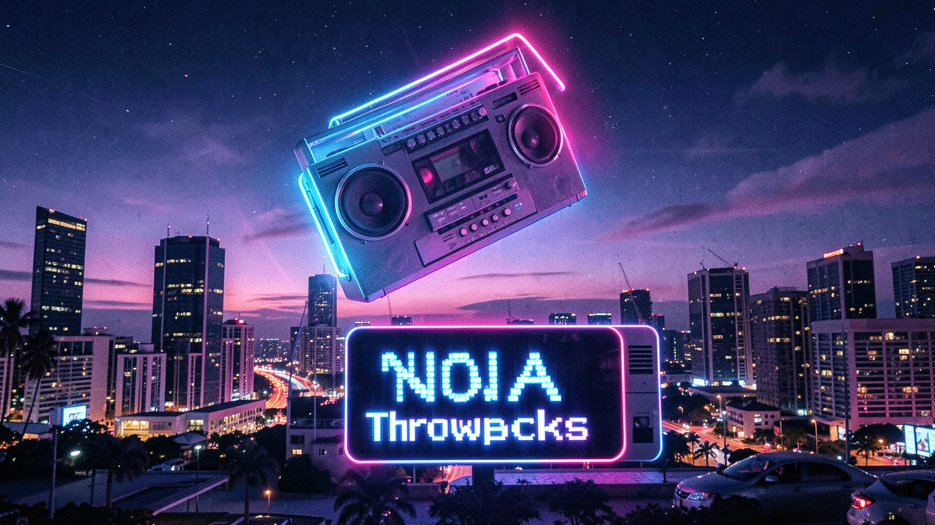 A retro synthwave scene over the Brisbane skyline with a digital radio display reading Nova Throwbacks