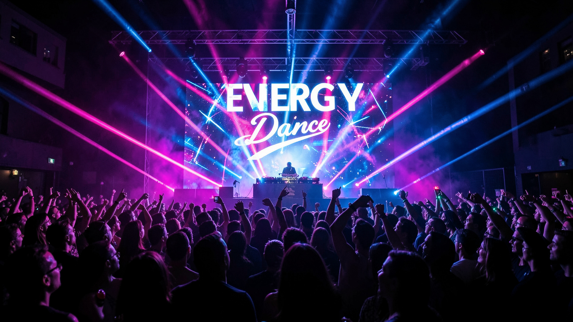 A packed nightclub dance floor in Berlin with a glowing LED screen reading ENERGY Dance above the DJ booth