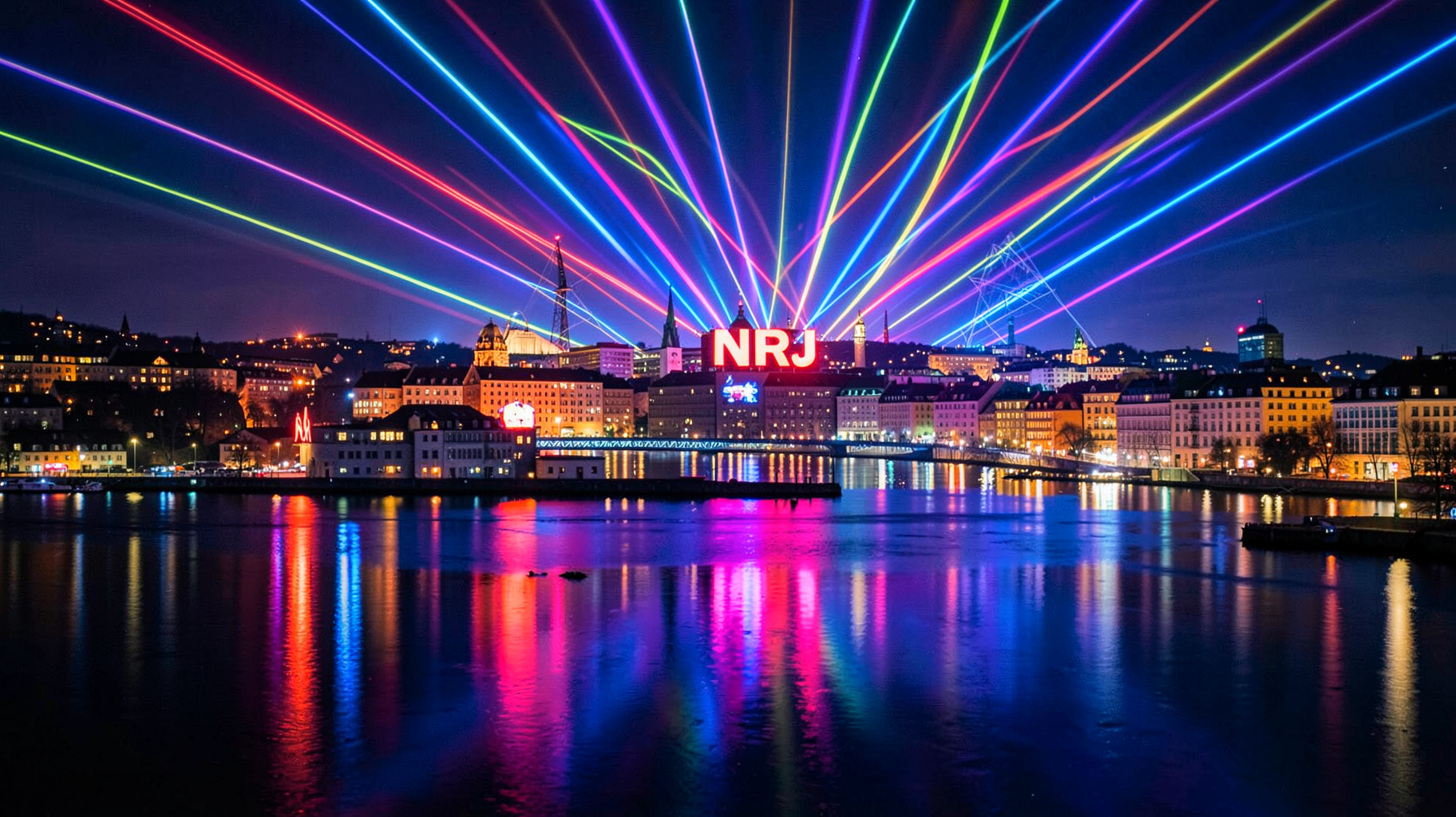 A vibrant Stockholm skyline at night with a glowing NRJ radio sign reflected in the water