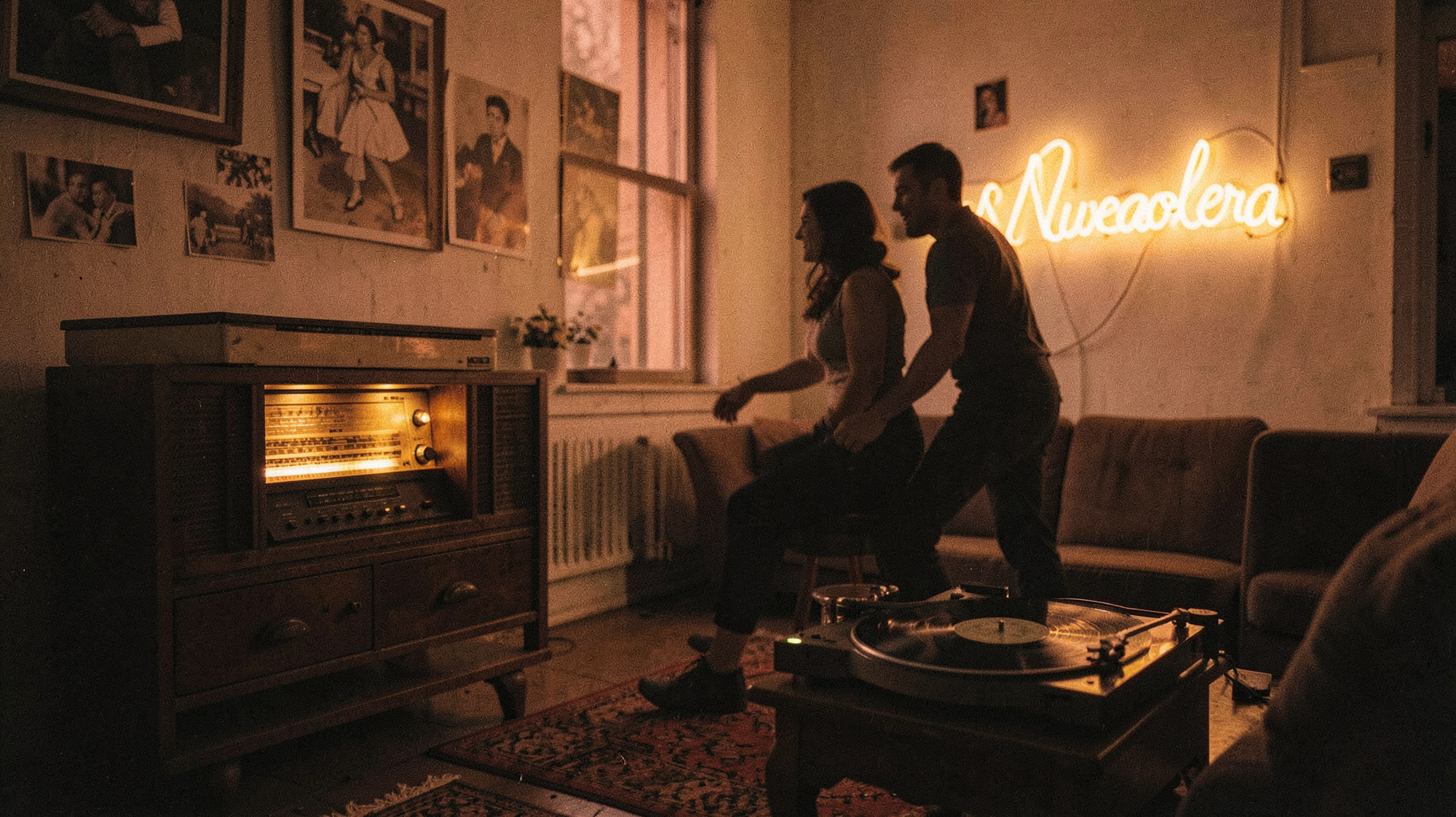 A vintage radio cabinet glowing in a warm Lima living room, evoking Peru's nueva ola era