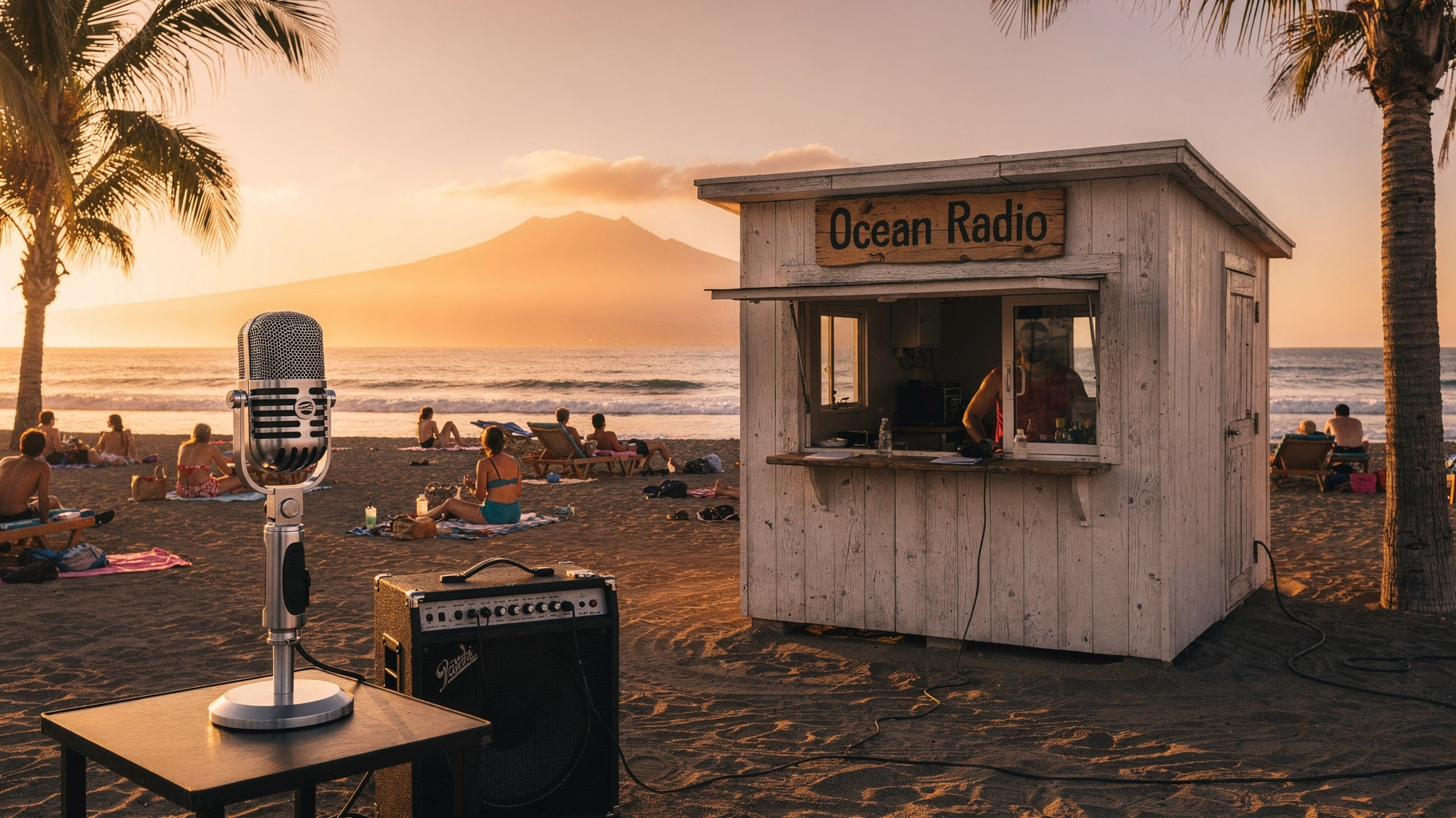 A beachside radio booth on a Tenerife coastline at sunset with a wooden sign reading Ocean Radio, inspired by Ocean Radio Spain