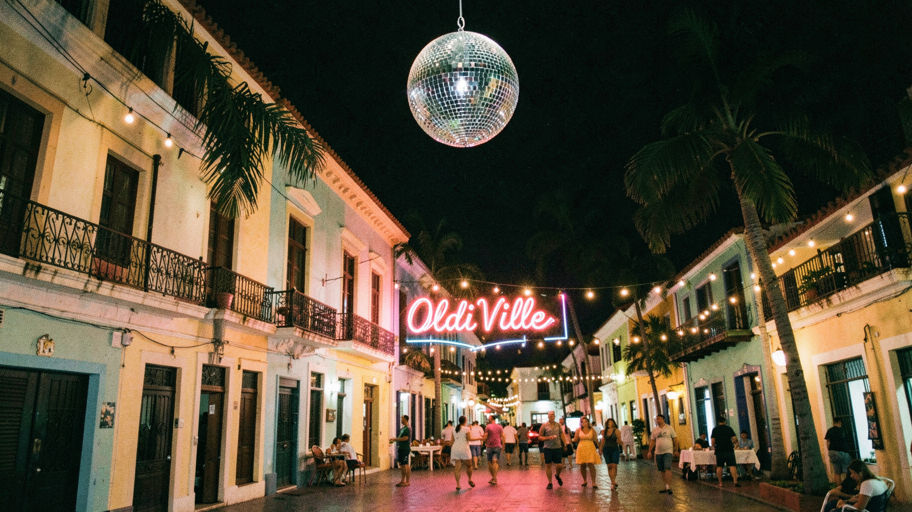 A glowing disco ball over a colorful colonial plaza in Caguas, Puerto Rico, with a neon marquee sign reading OldiVille