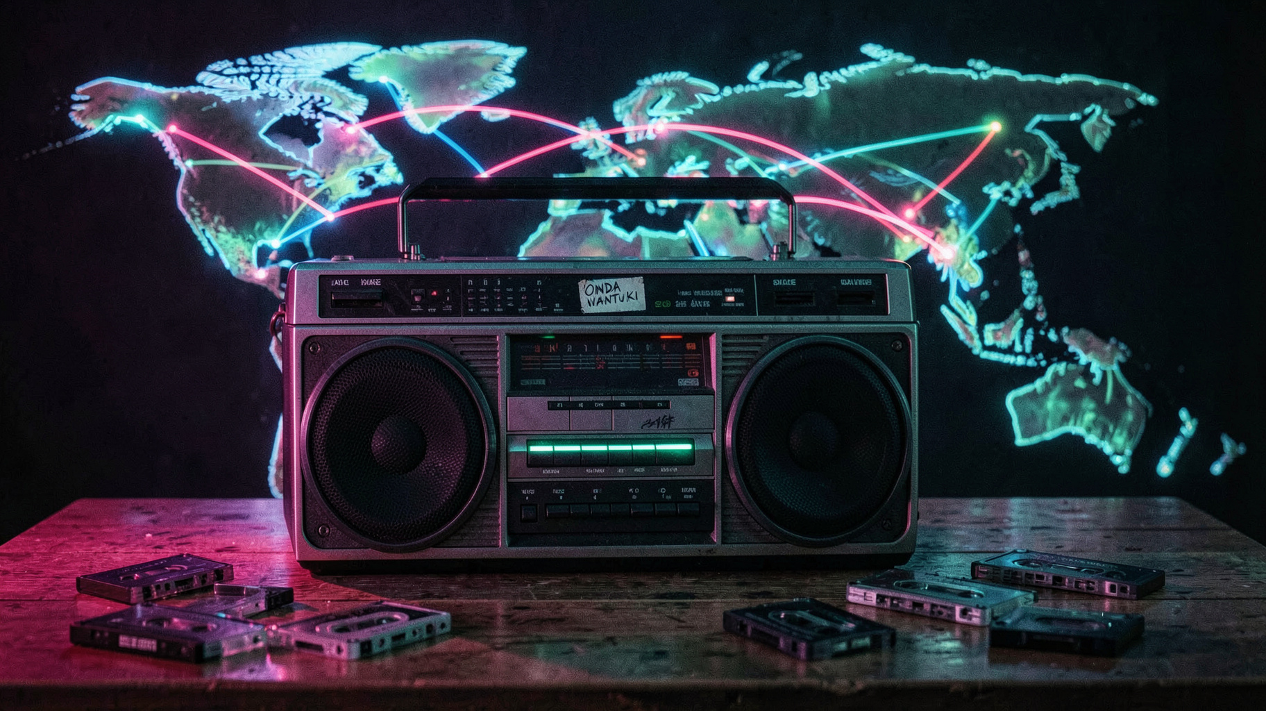 Retro 1980s boombox with cassette tapes and a glowing map connecting Spain to Latin America