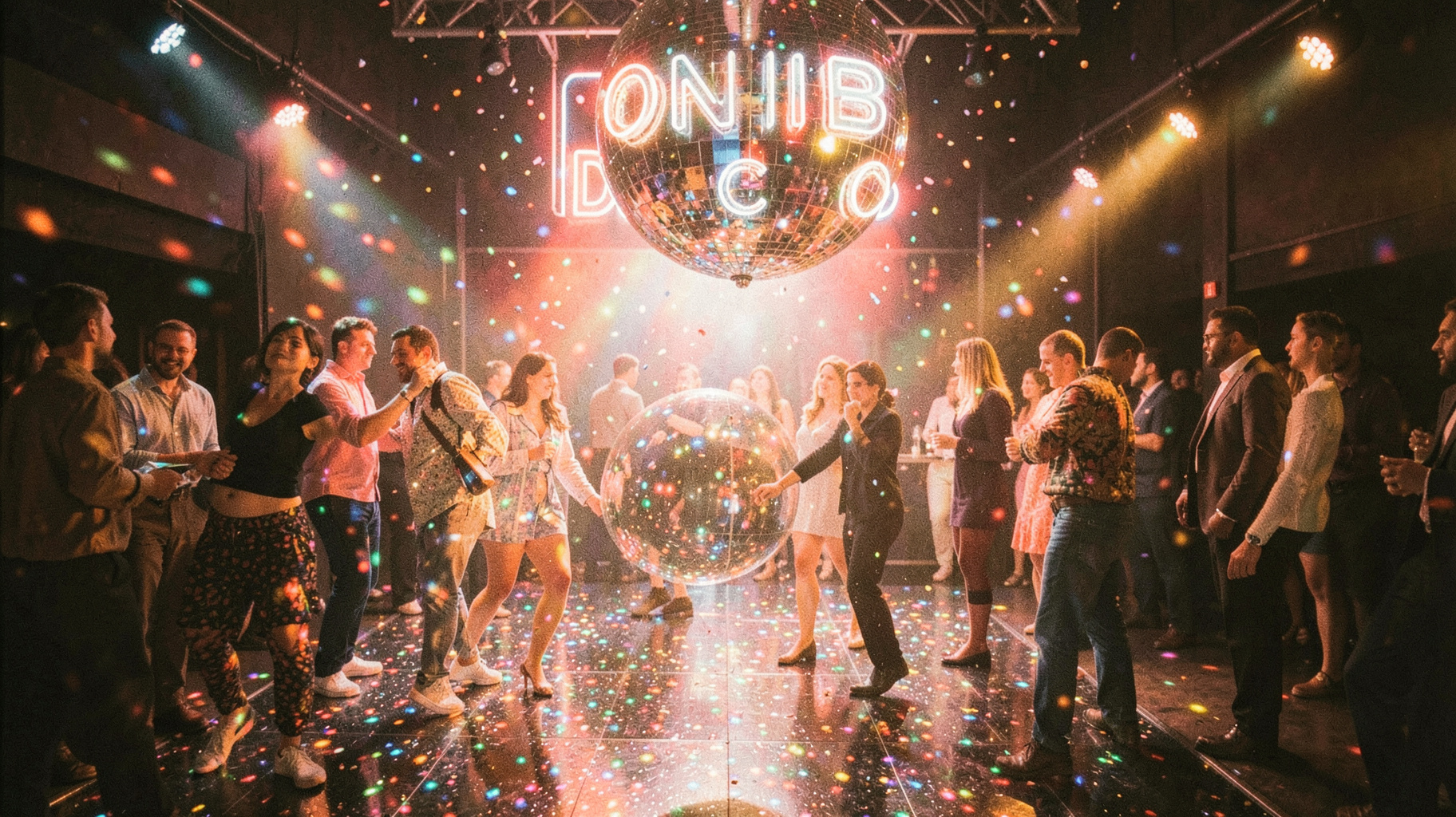 A glittering 1970s disco dance floor with a neon sign reading ONIB Disco above the stage
