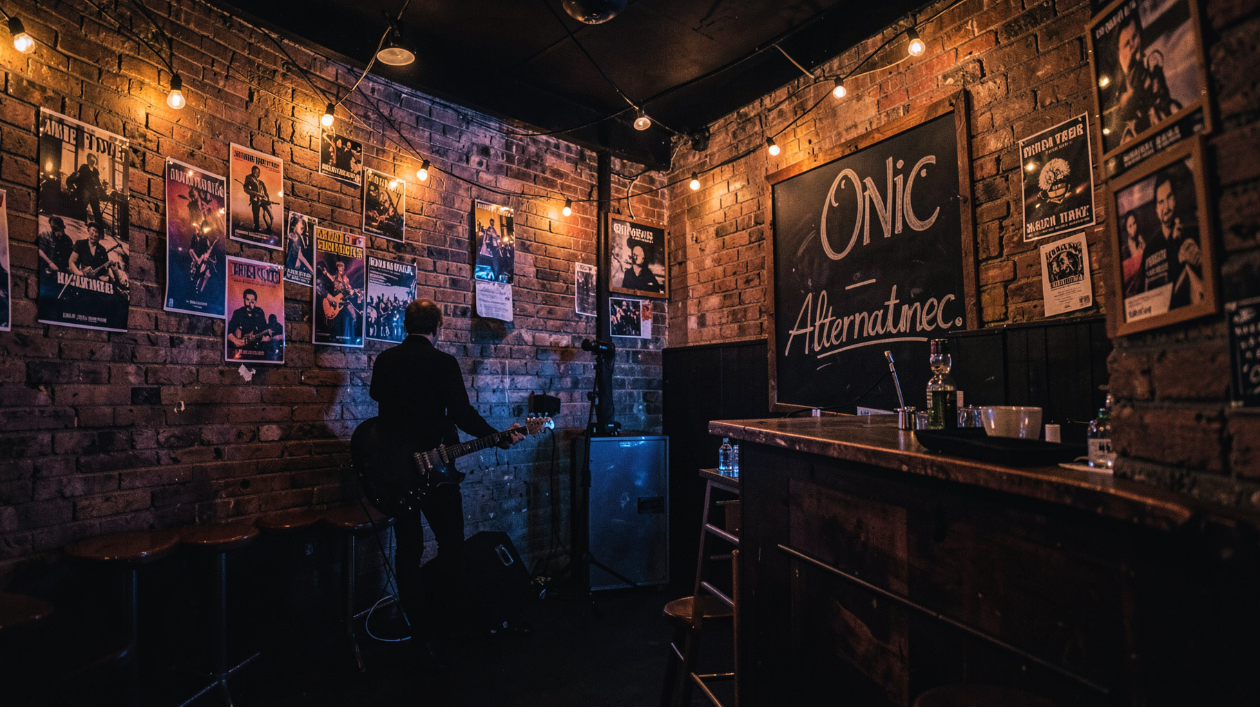 A late-night Dublin alternative music bar with a chalkboard sign reading Onic Alternative