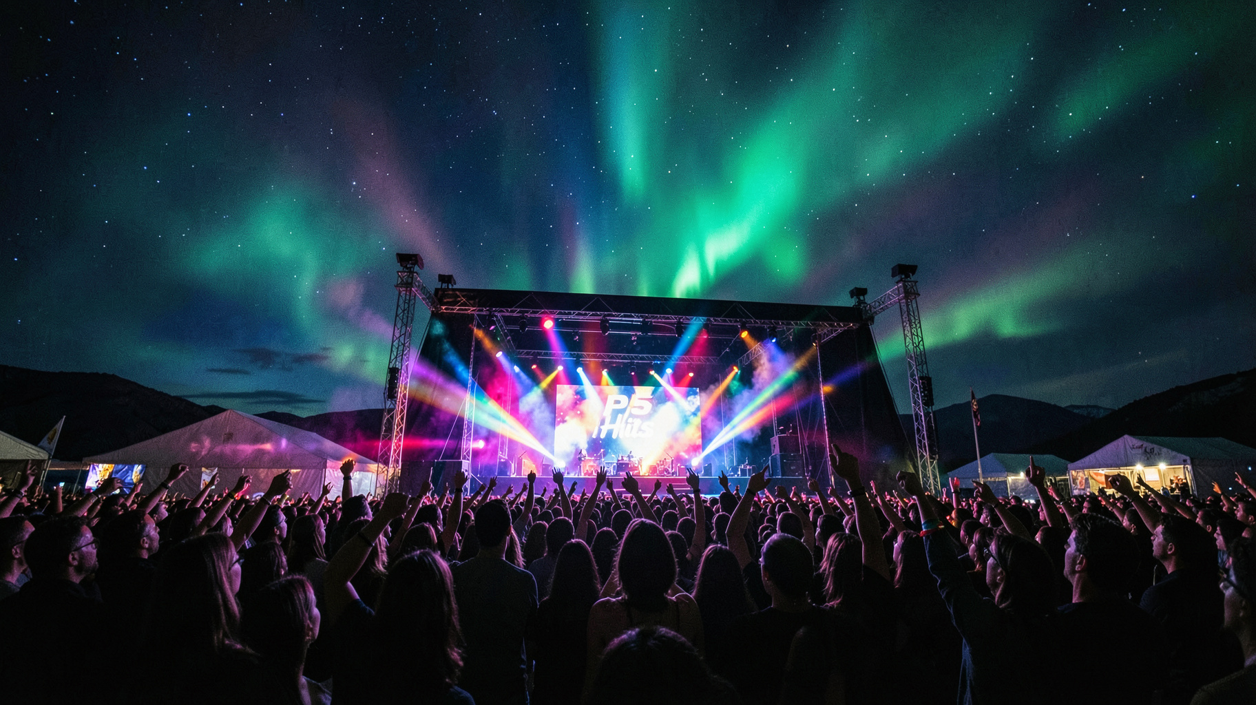 An outdoor pop concert crowd in Norway under the northern lights with a stage screen reading P5 Hits