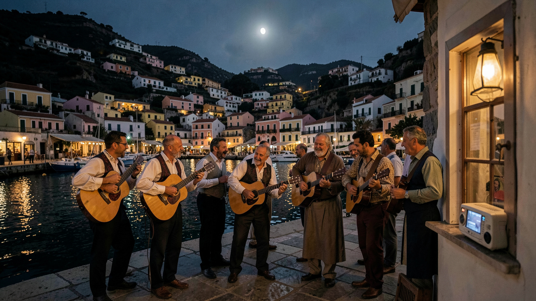 Moonlit Kefalonia harbor with musicians serenading in traditional kantada style
