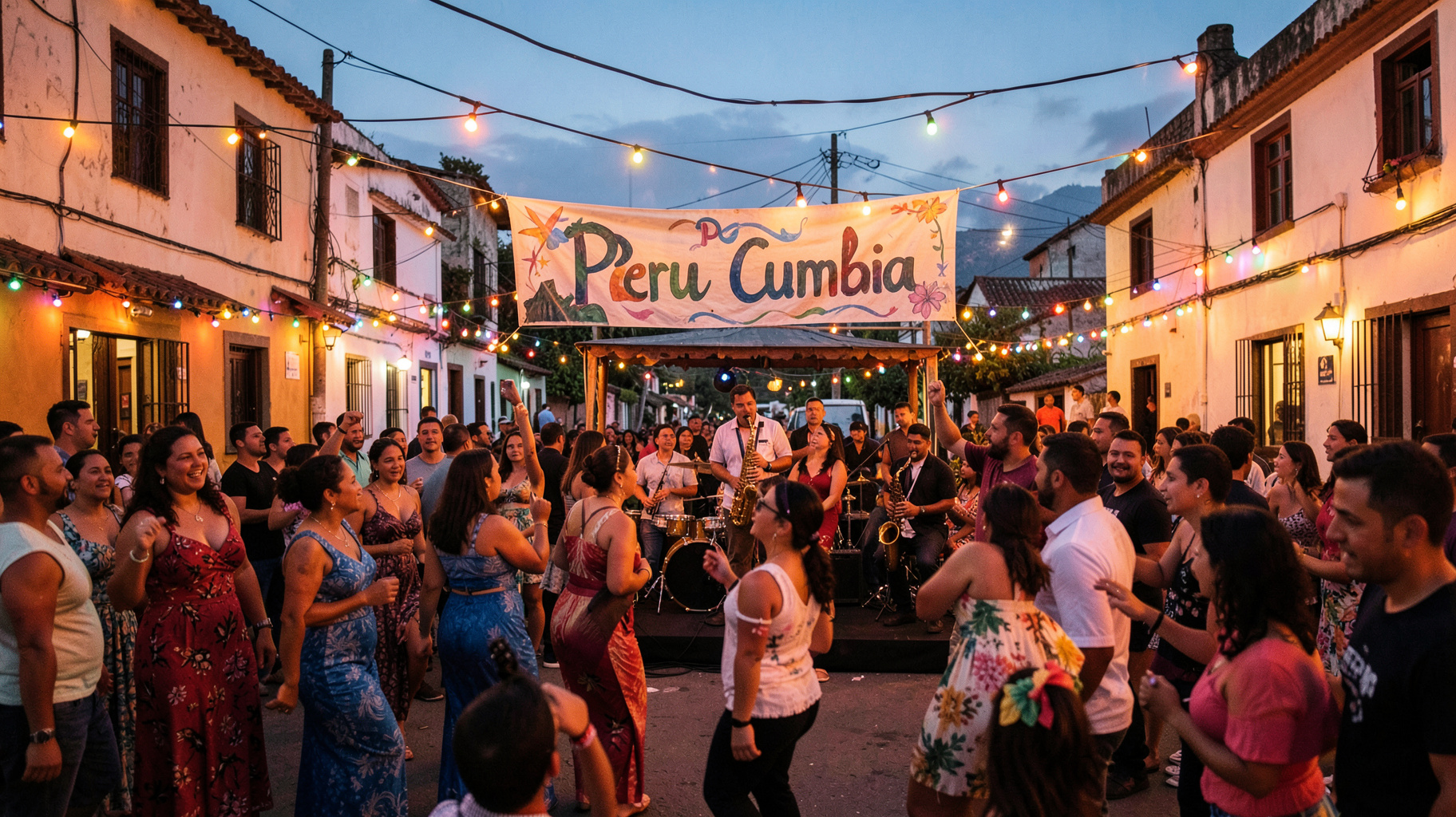 An outdoor cumbia dance party in Lima with a banner reading Peru Cumbia above the crowd