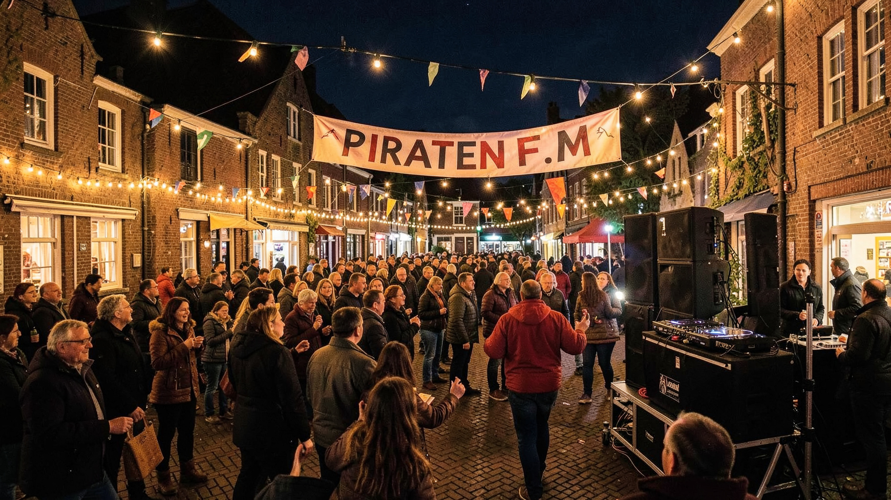 A lively village festival at night in the Netherlands with a crowd dancing near a DJ booth under a banner reading Piraten.FM