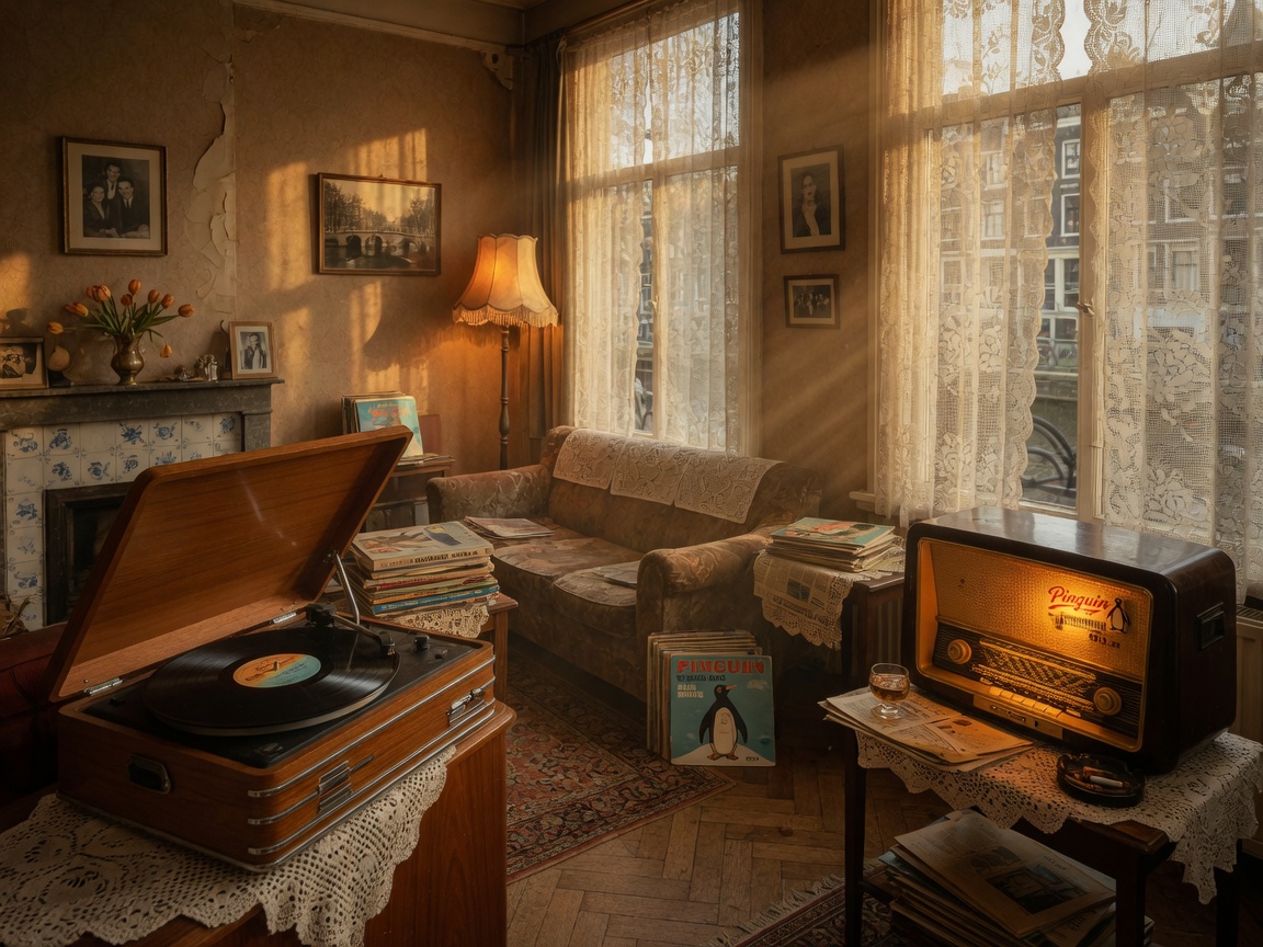 Vintage record player and glowing radio dial in an Amsterdam canal house, inspired by Pinguin Vintage