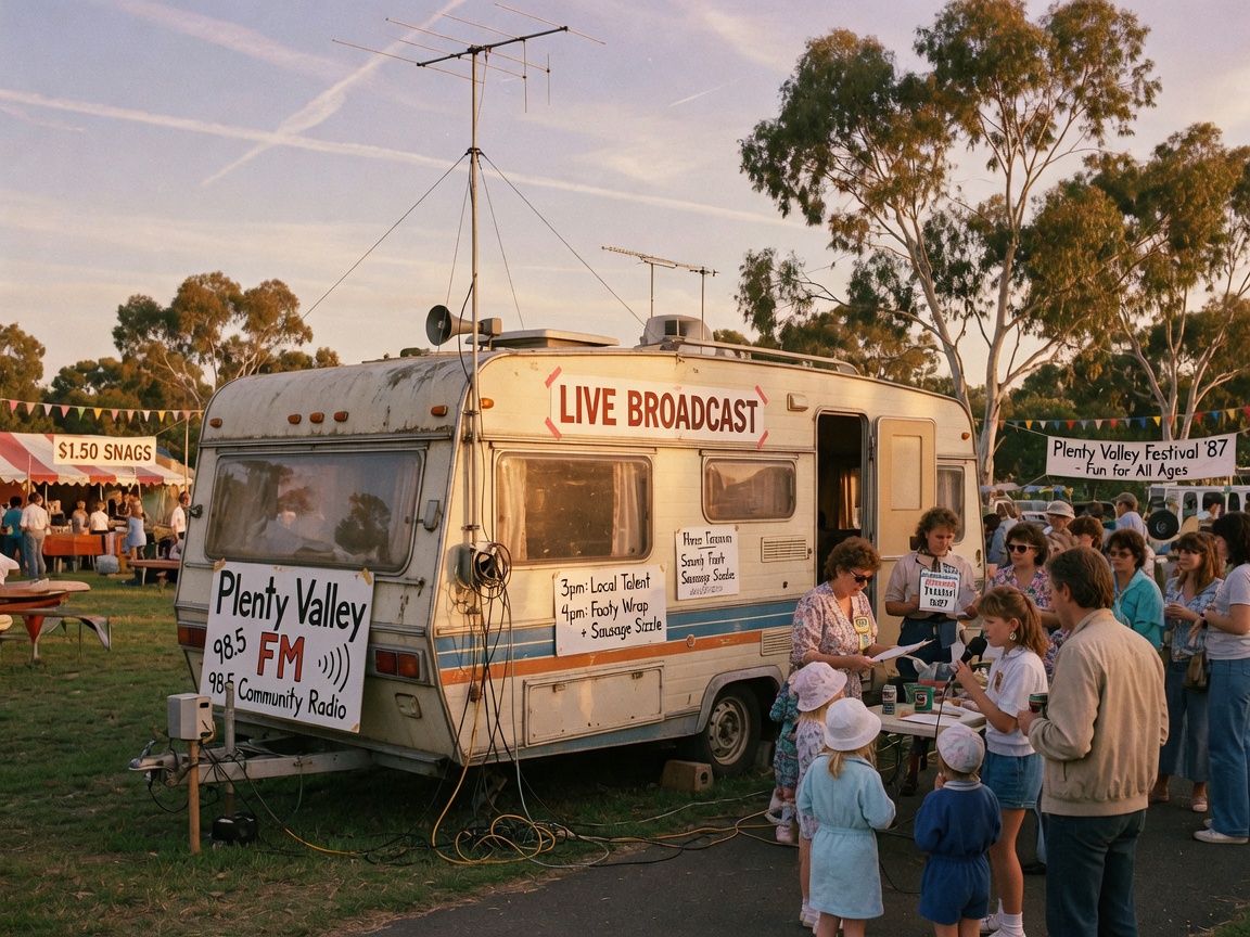 A vintage mobile radio broadcast caravan at a suburban Melbourne festival with a sign reading Plenty Valley FM, inspired by Plenty Valley FM
