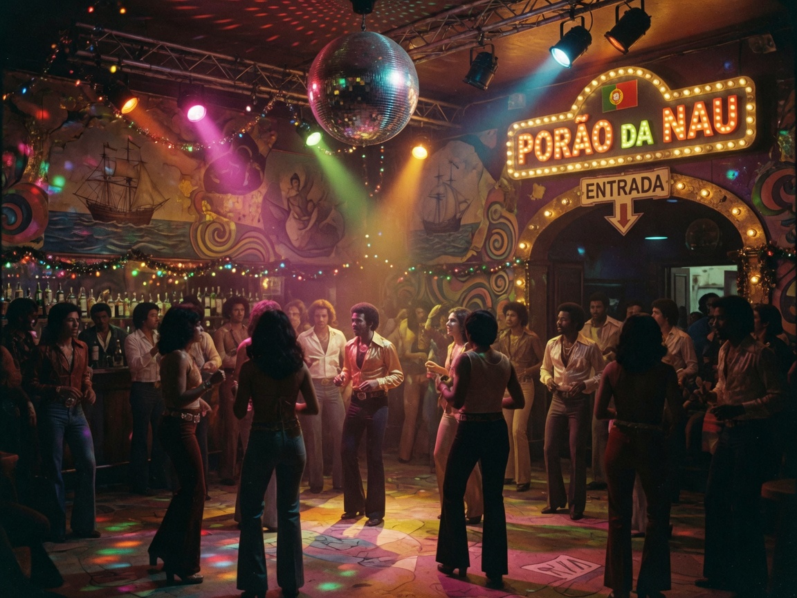 A retro 1970s Lisbon discotheque with a glowing marquee reading Porão da Nau, inspired by Porão da Nau radio