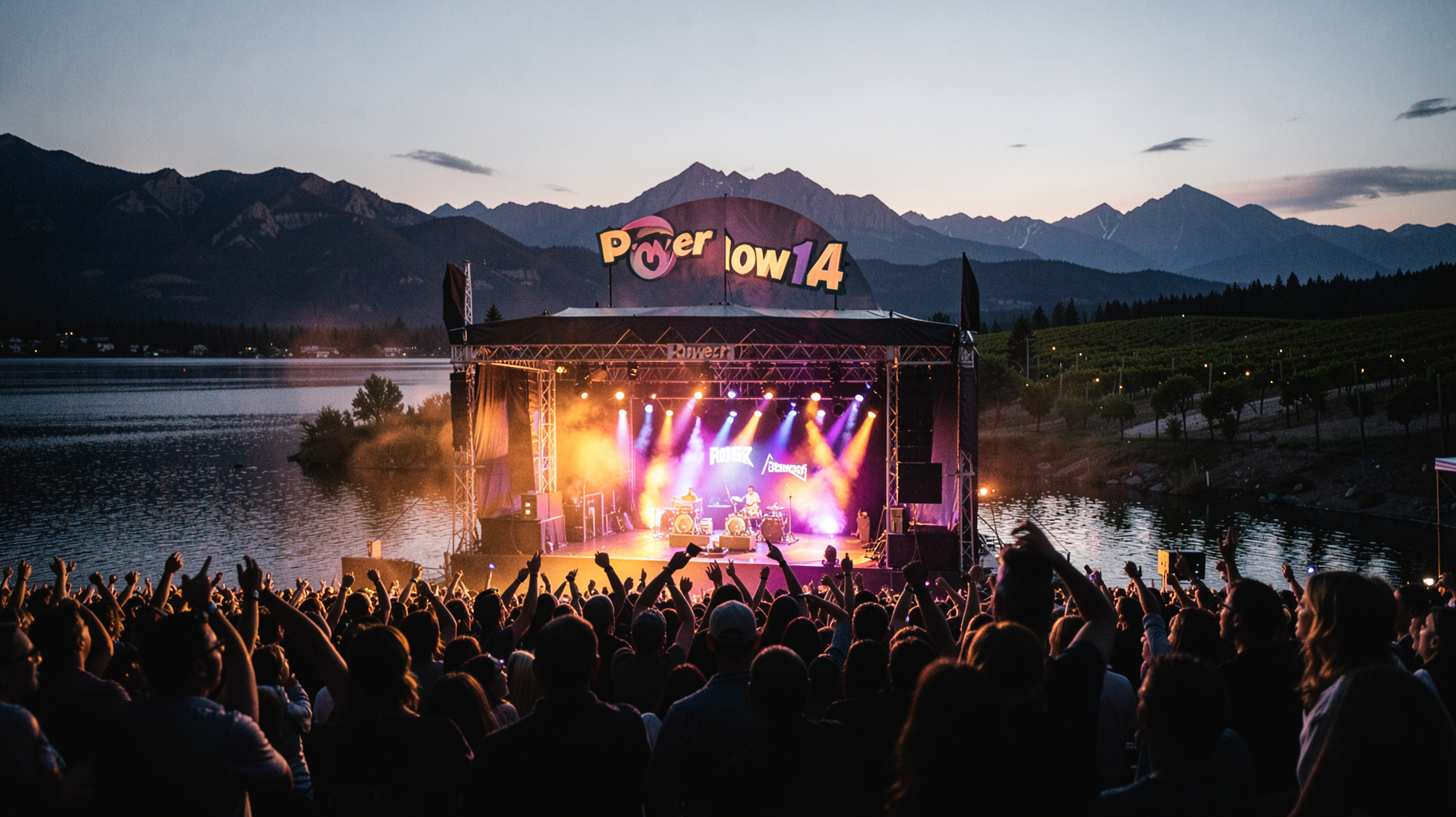 An outdoor rock concert at dusk on the shore of Okanagan Lake with a glowing marquee reading Power 104