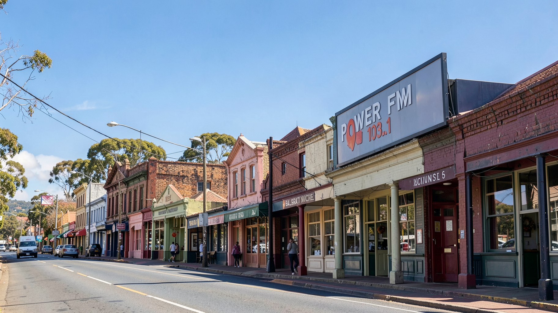 A sunny Ballarat streetscape with heritage buildings and a Power FM 103.1 station billboard