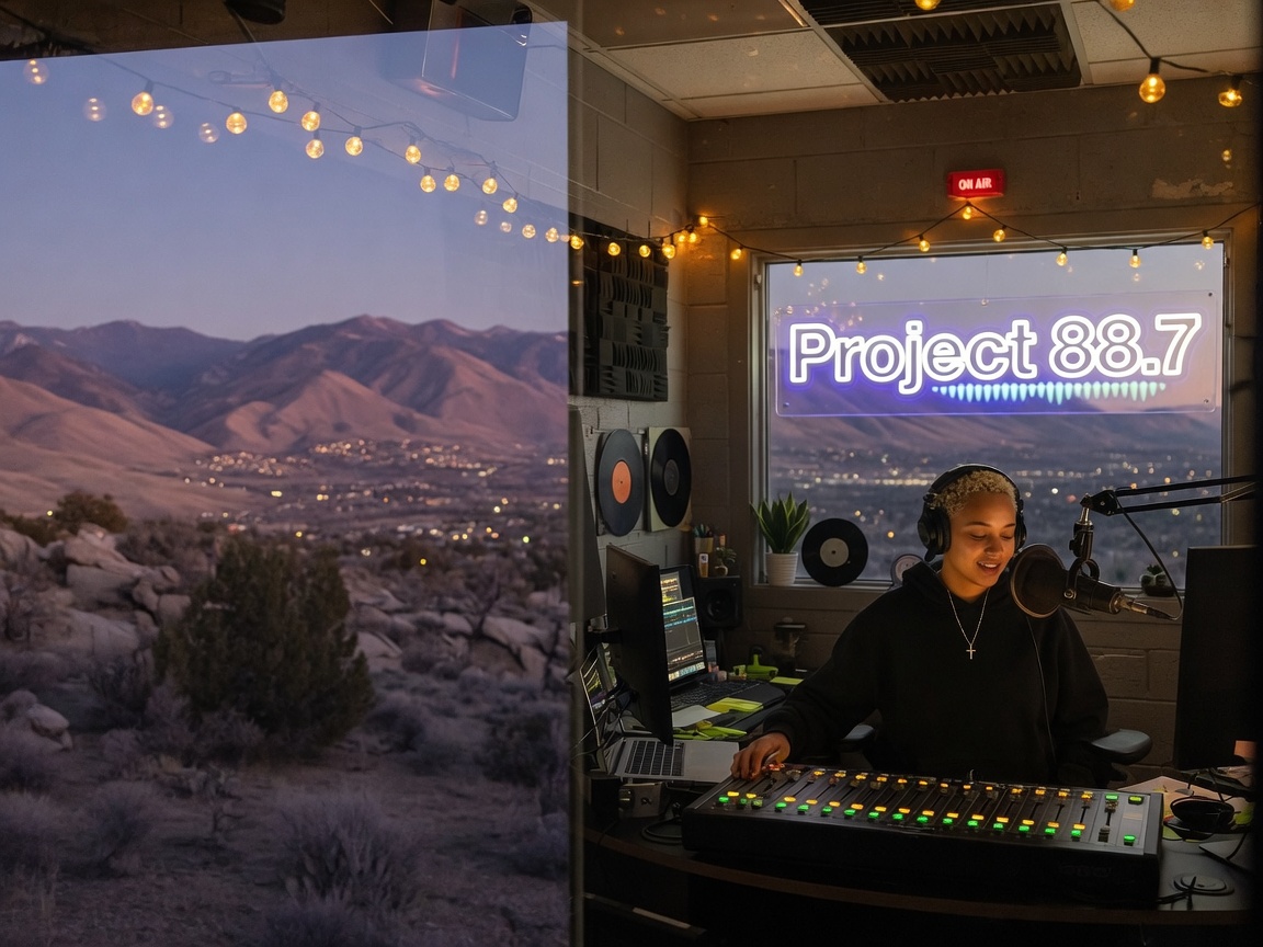 A modern radio broadcast studio with a DJ at the mixing board and a glowing Project 88.7 sign, Boise foothills visible through the window