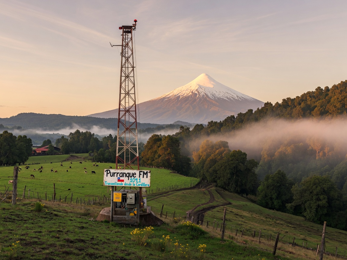 A radio tower on a green hillside in Chile's Los Lagos region with a snow capped volcano in the distance