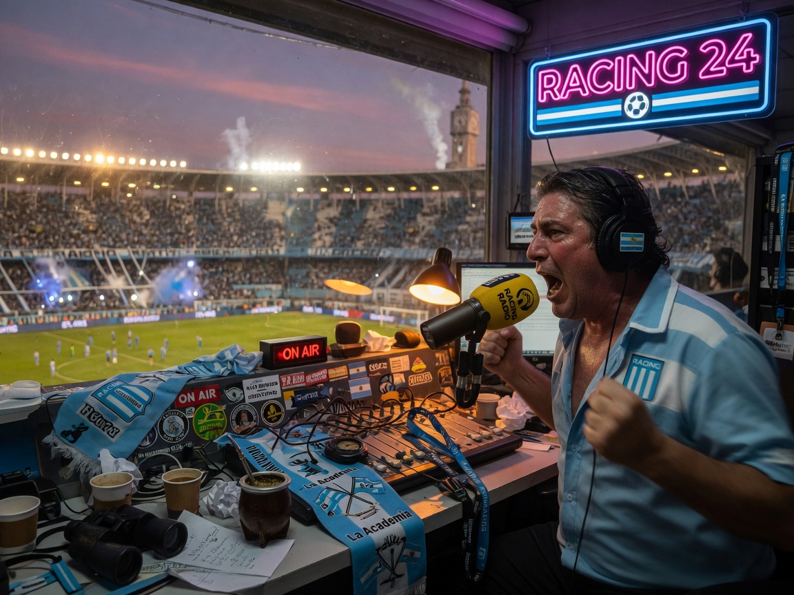 An Argentine football radio booth at dusk with a neon sign reading Racing 24, inspired by Racing 24 radio