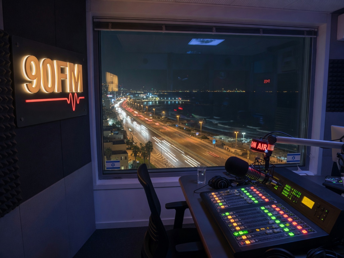 A modern radio studio at night overlooking the coastal highway between Haifa and Tel Aviv with a sign reading 90FM