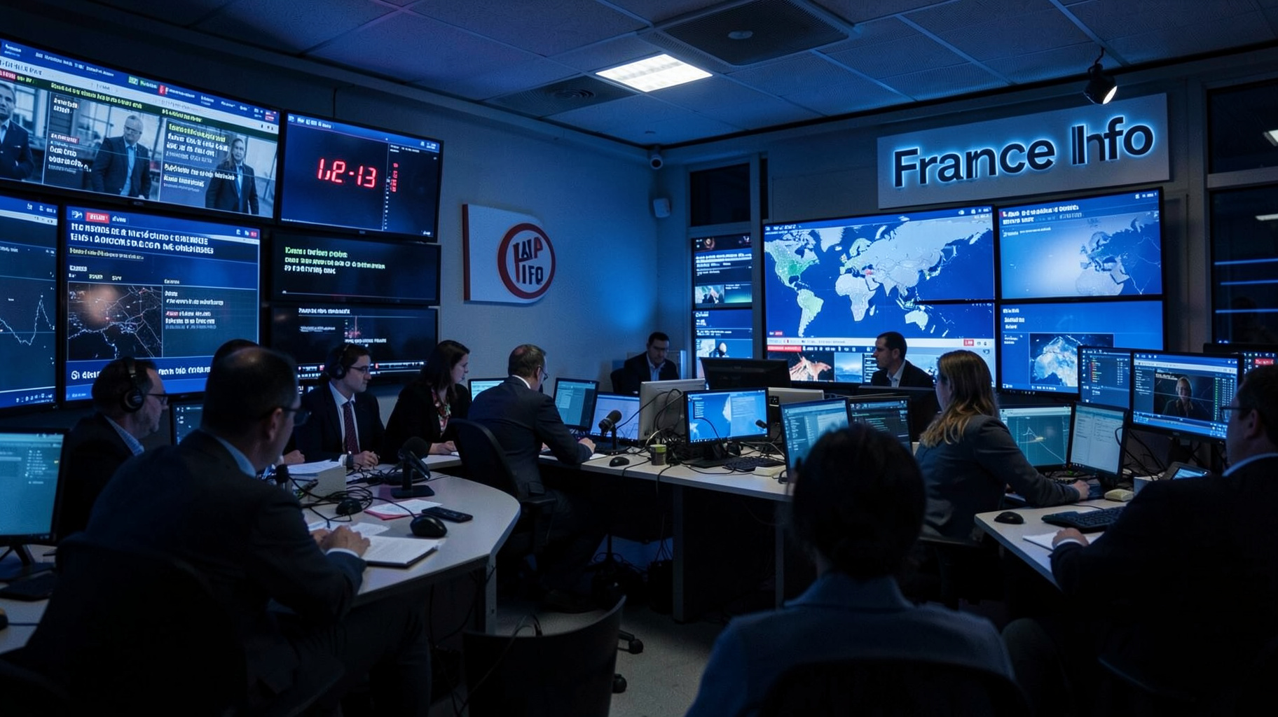 A busy French radio newsroom at night with monitors displaying breaking news and a wall sign reading France Info