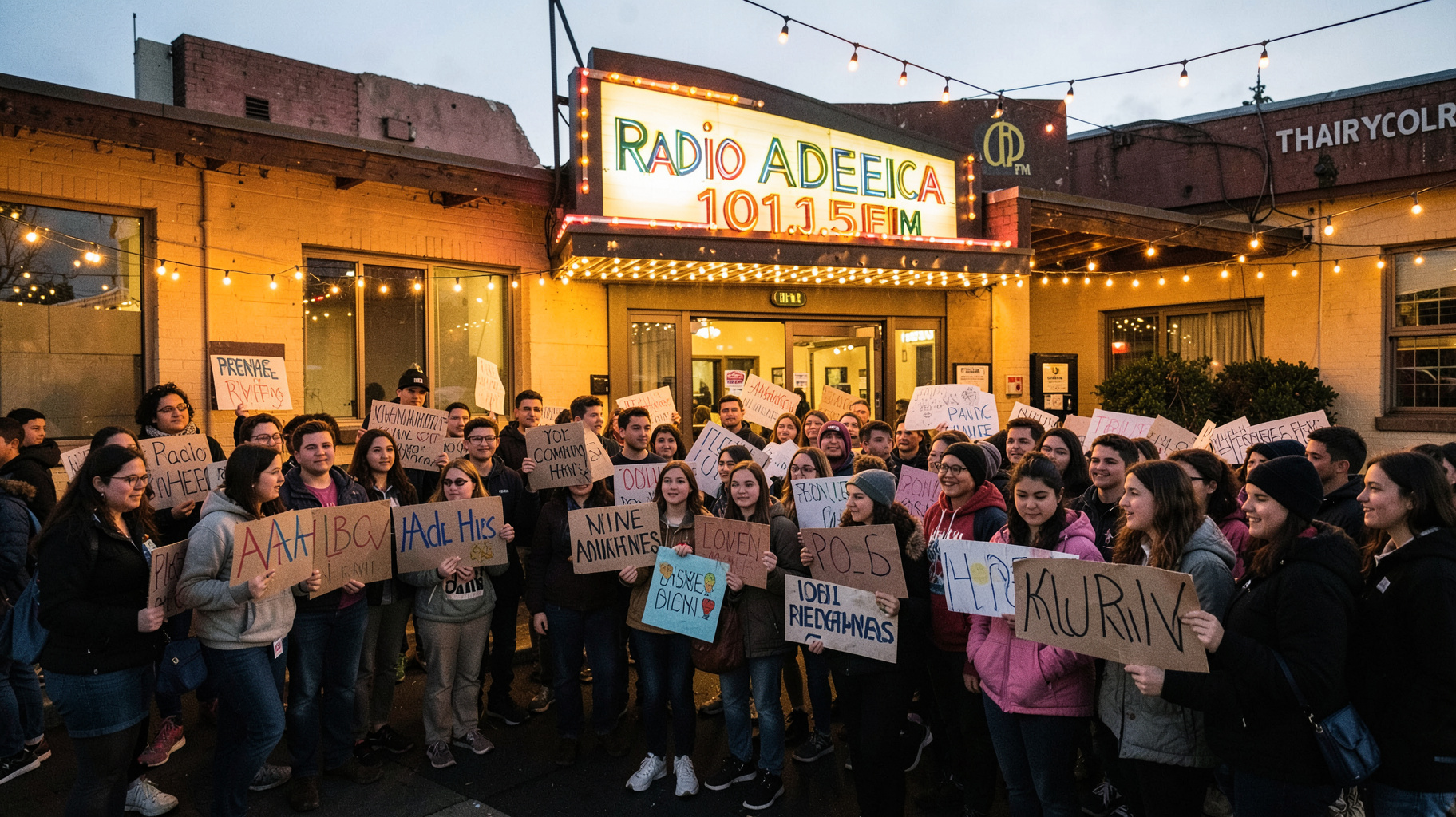 A crowd of volunteers gathered outside a building with a glowing sign reading Radio Adelaide 101.5FM