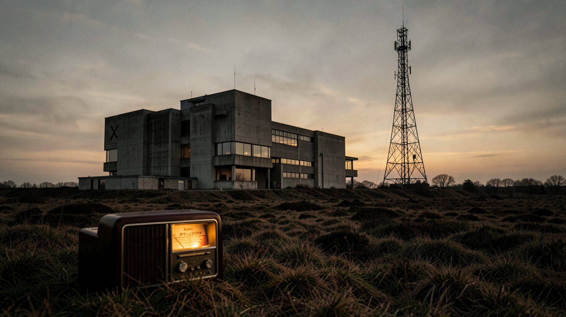 The monumental Radio Kootwijk transmitter building on the Veluwe moorland near Apeldoorn at dusk